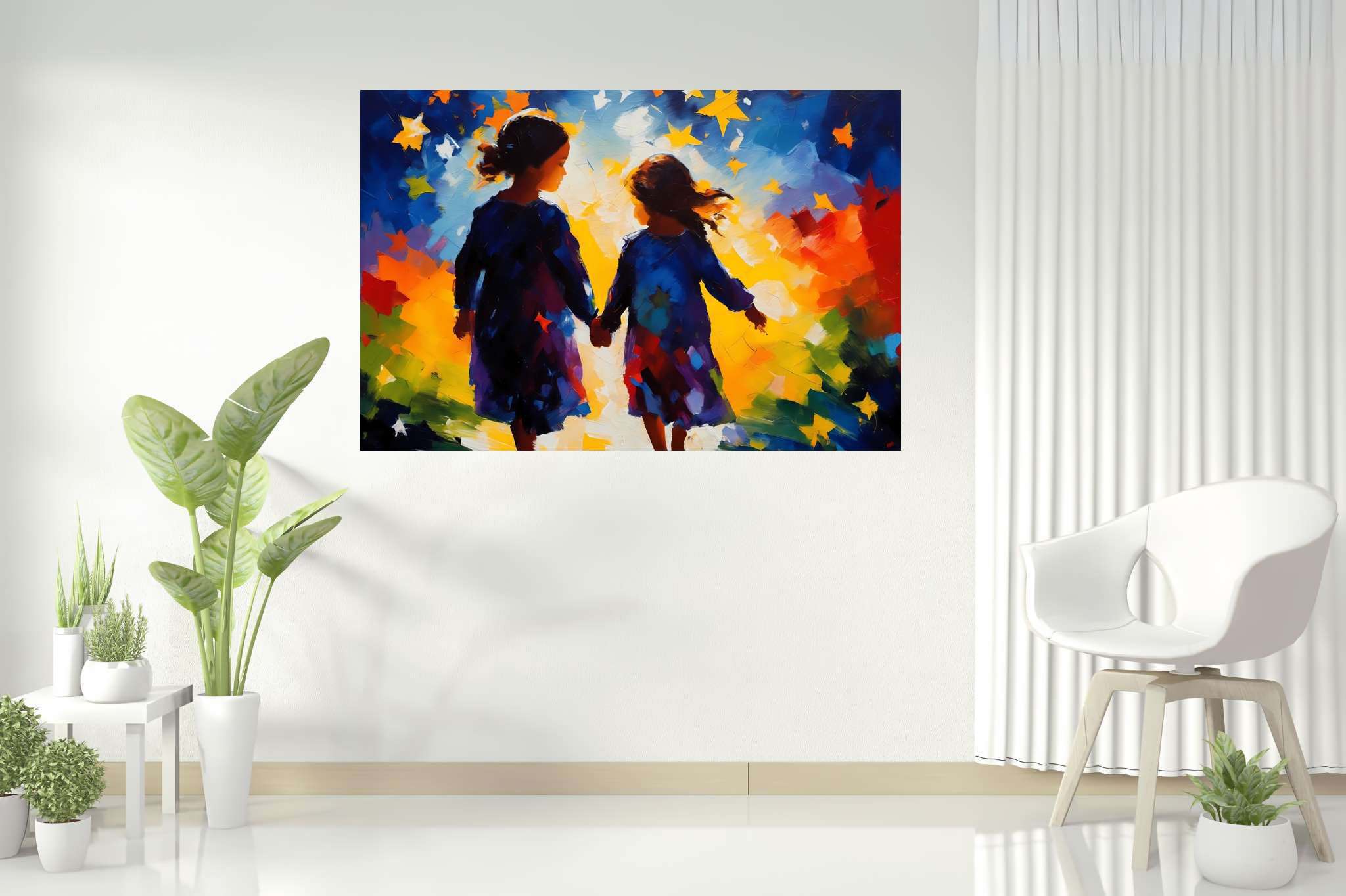 Stardust companionship: Vibrant girls art with vivacious girls art, in a room with chic decor, abstract paintings, and elegant home goods. The art can be printed on poster, framed poster, canvas, metal, acrylic or wood, exclusively at WallArtZen. Find this exact print at https://wallartzen.com/waz320