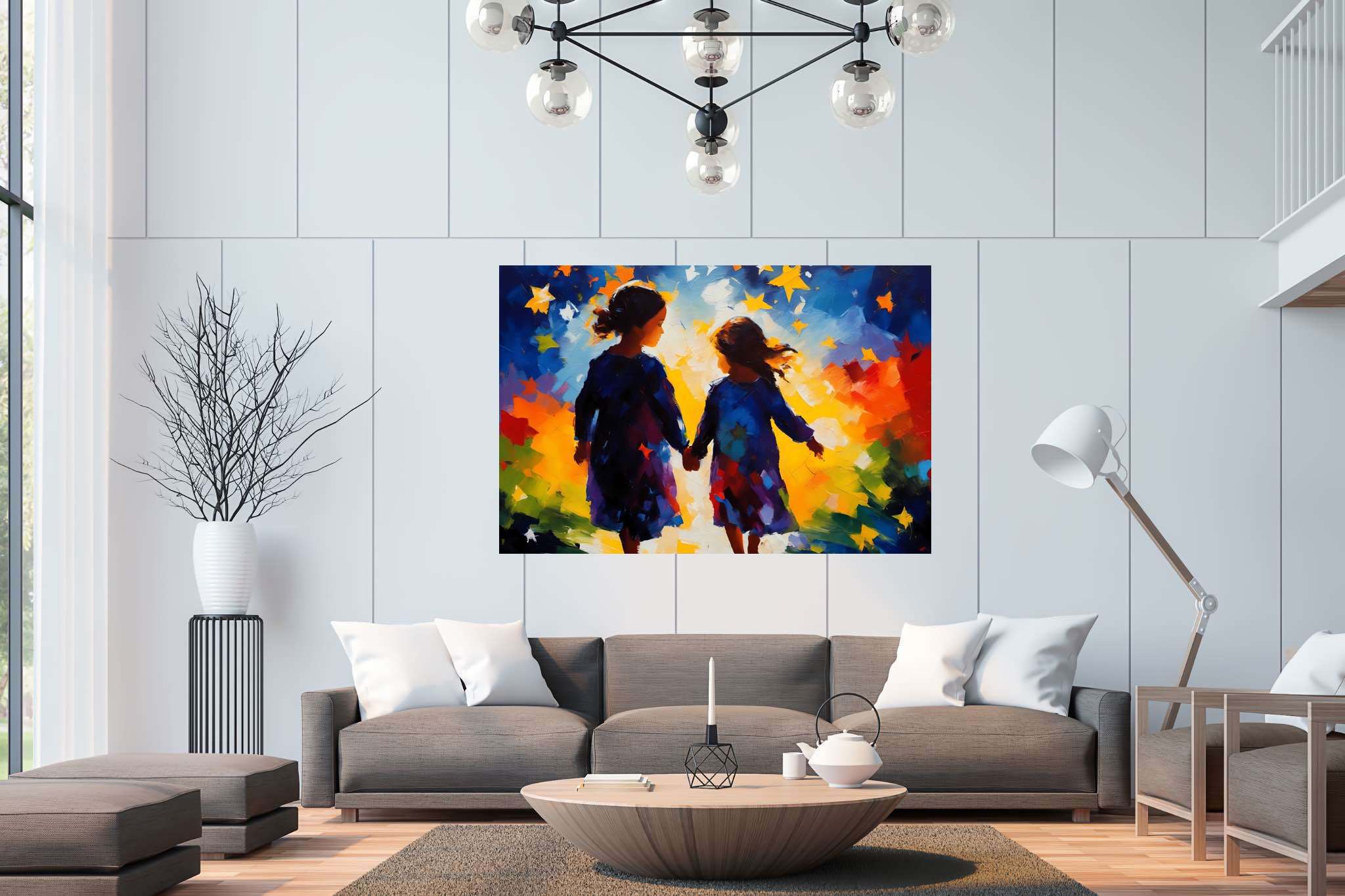 Stardust companionship: Vibrant girls art with vibrant girls art, in a room with urban design, gallery-quality artwork, and luxe decor. The art can be printed on poster, framed poster, canvas, metal, acrylic or wood, exclusively at WallArtZen. Find this exact print at https://wallartzen.com/waz320