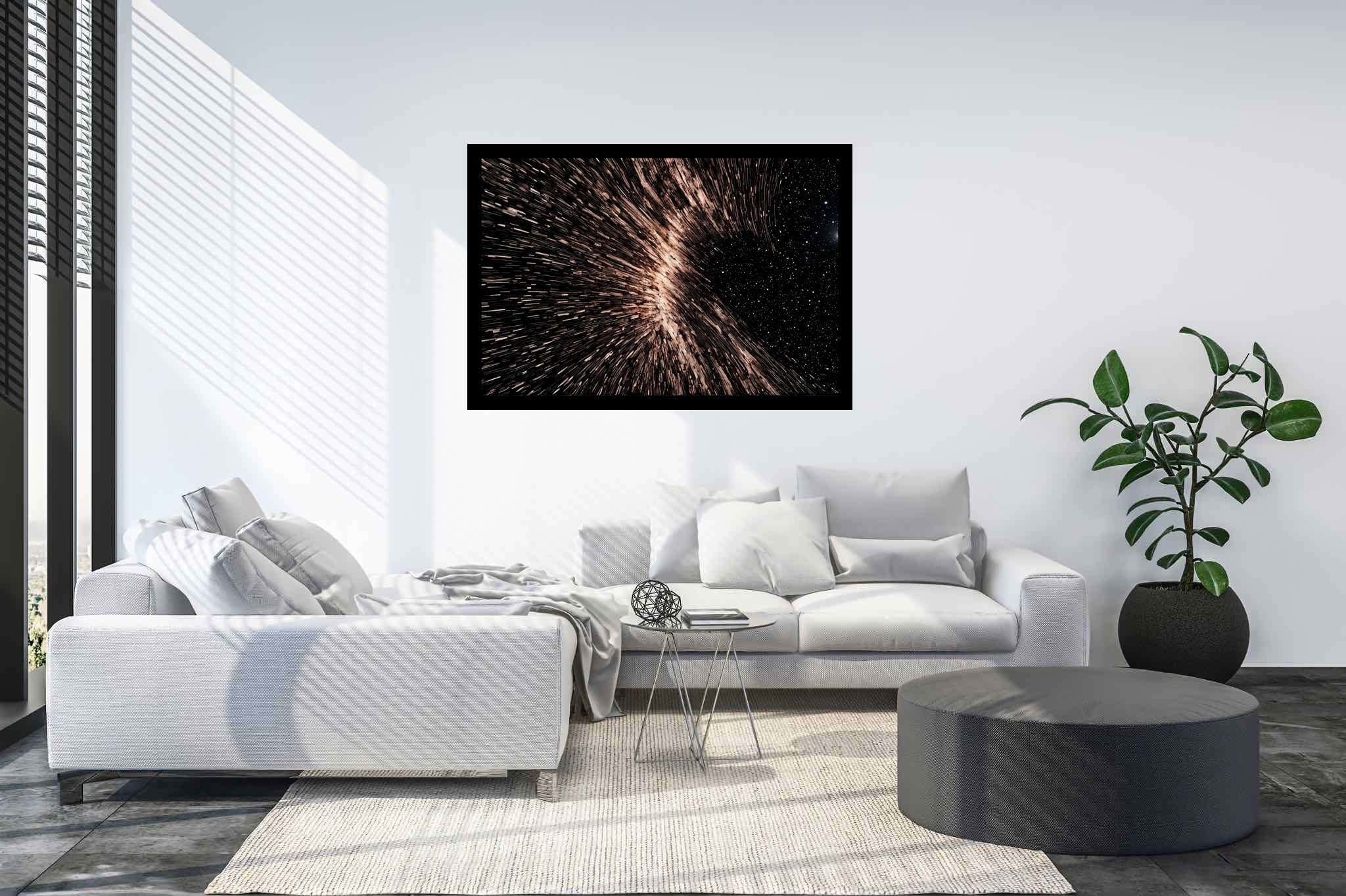 Galactic embrace: Stunning black hole art with breathtaking space visuals, in a room with urban design, gallery-quality artwork, and home furnishings. The art can be printed on poster, framed poster, canvas, metal, acrylic or wood, exclusively at WallArtZen. Find this exact print at https://wallartzen.com/waz321