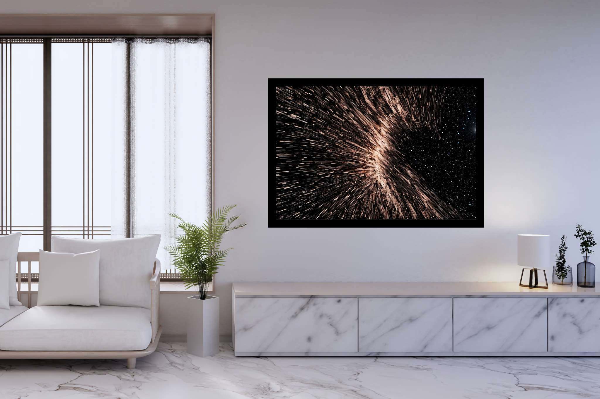 Galactic embrace: Stunning black hole art with awe-inspiring black hole images, in a room with great design, canvas prints, and home furnishings. The art can be printed on poster, framed poster, canvas, metal, acrylic or wood, exclusively at WallArtZen. Find this exact print at https://wallartzen.com/waz321