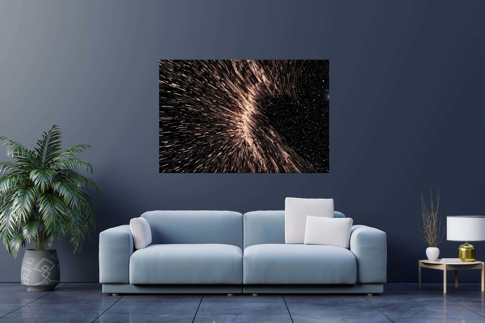 Galactic embrace: Stunning black hole art with captivating cosmic designs, in a room with contemporary flair, wall hangings, and home styling items. The art can be printed on poster, framed poster, canvas, metal, acrylic or wood, exclusively at WallArtZen. Find this exact print at https://wallartzen.com/waz321