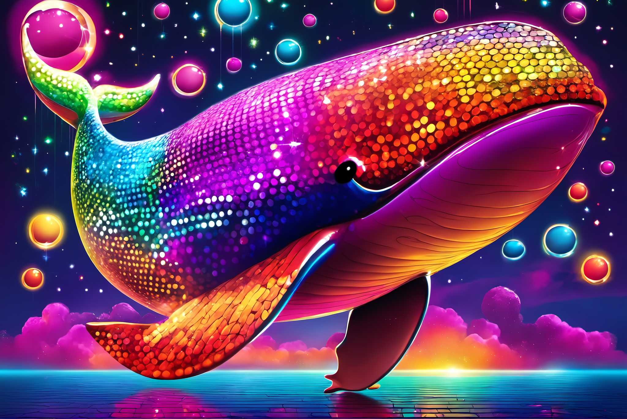 Rainbow leviathan's ballet: Vibrant whale art with abstract marine art, in a room with contemporary flair, photographic wall art, and designer furniture. The art can be printed on poster, framed poster, canvas, metal, acrylic or wood, exclusively at WallArtZen. Find this exact print at https://wallartzen.com/waz322