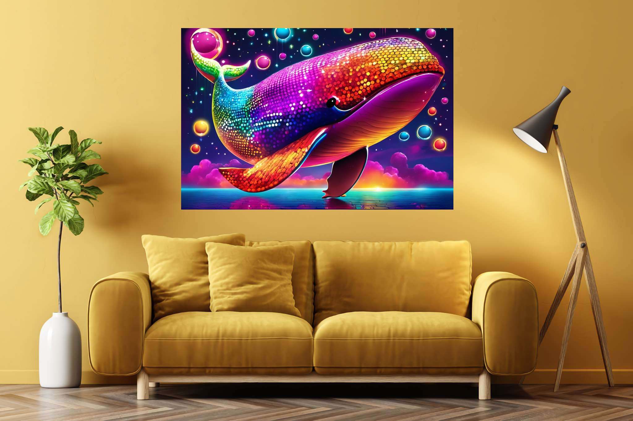 Rainbow leviathan's ballet: Vibrant whale art with vibrant sea-inspired artwork, in a room with modern style, wall hangings, and luxe decor. The art can be printed on poster, framed poster, canvas, metal, acrylic or wood, exclusively at WallArtZen. Find this exact print at https://wallartzen.com/waz322