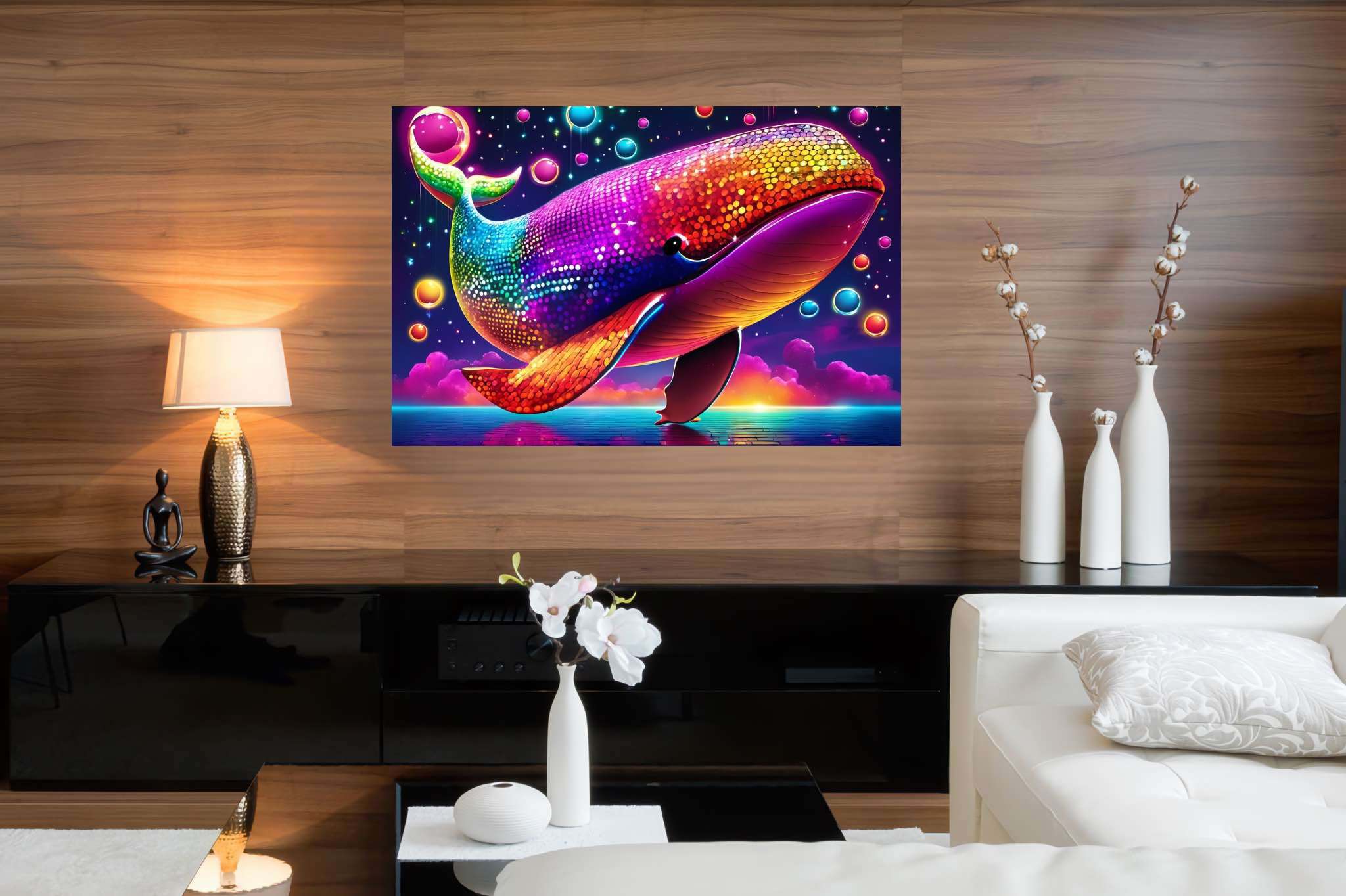 Rainbow leviathan's ballet: Vibrant whale art with vibrant underwater paintings, in a room with urban design, wall art, and interior decorations. The art can be printed on poster, framed poster, canvas, metal, acrylic or wood, exclusively at WallArtZen. Find this exact print at https://wallartzen.com/waz322