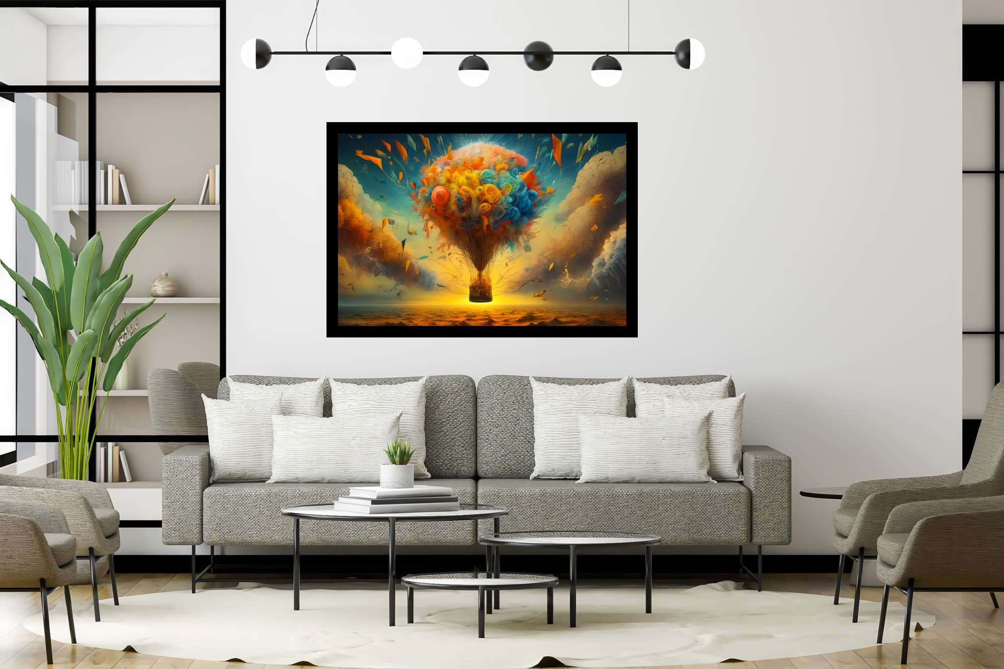 Balloon odyssey in cerulean dreams: Whimsy art with whimsical sculptures, in a room with contemporary flair, framed art, and home furnishings. The art can be printed on poster, framed poster, canvas, metal, acrylic or wood, exclusively at WallArtZen. Find this exact print at https://wallartzen.com/waz324