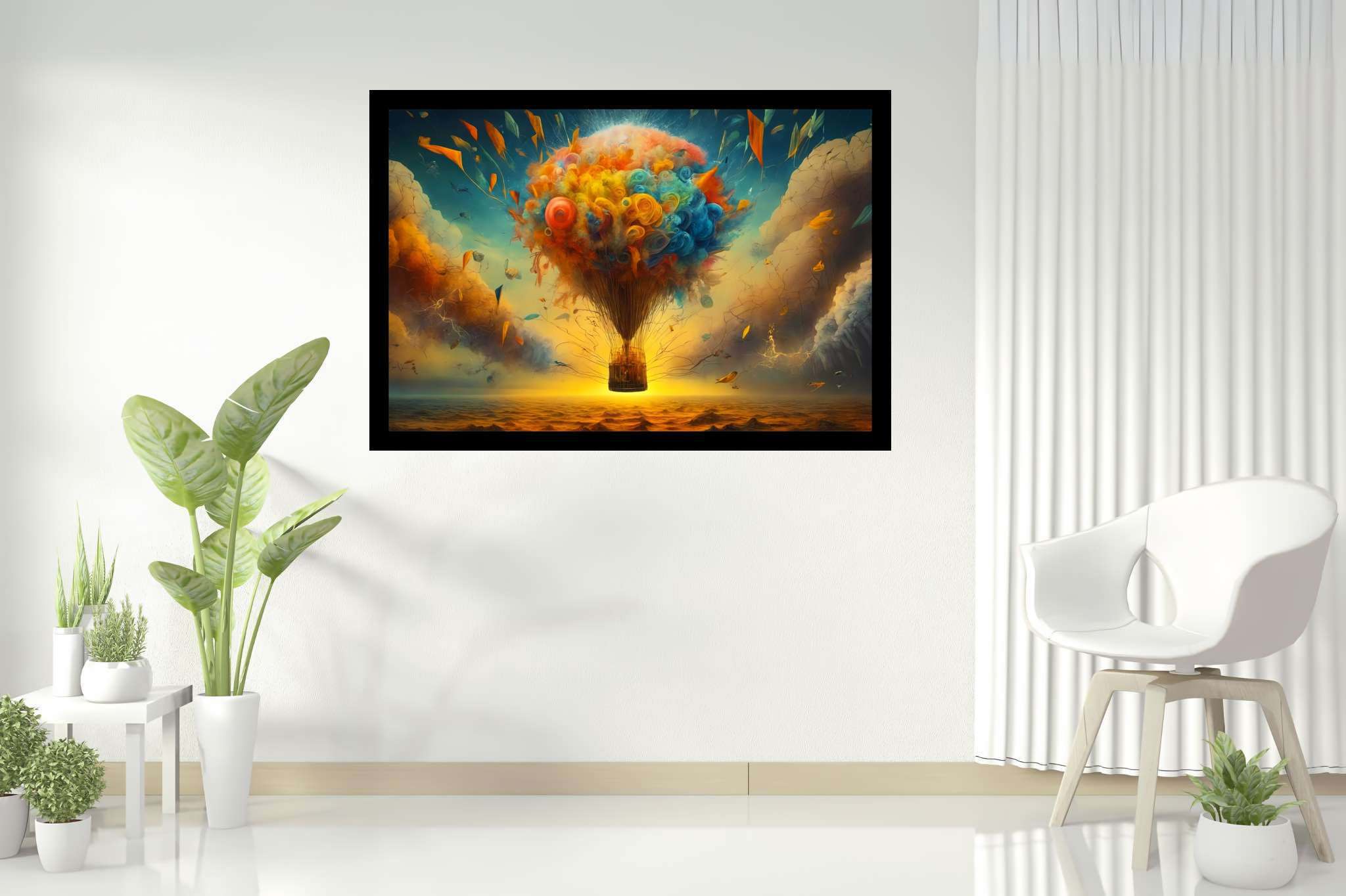 Balloon odyssey in cerulean dreams: Whimsy art with whimsical artwork, in a room with modern style, bespoke art designs, and elegant home goods. The art can be printed on poster, framed poster, canvas, metal, acrylic or wood, exclusively at WallArtZen. Find this exact print at https://wallartzen.com/waz324