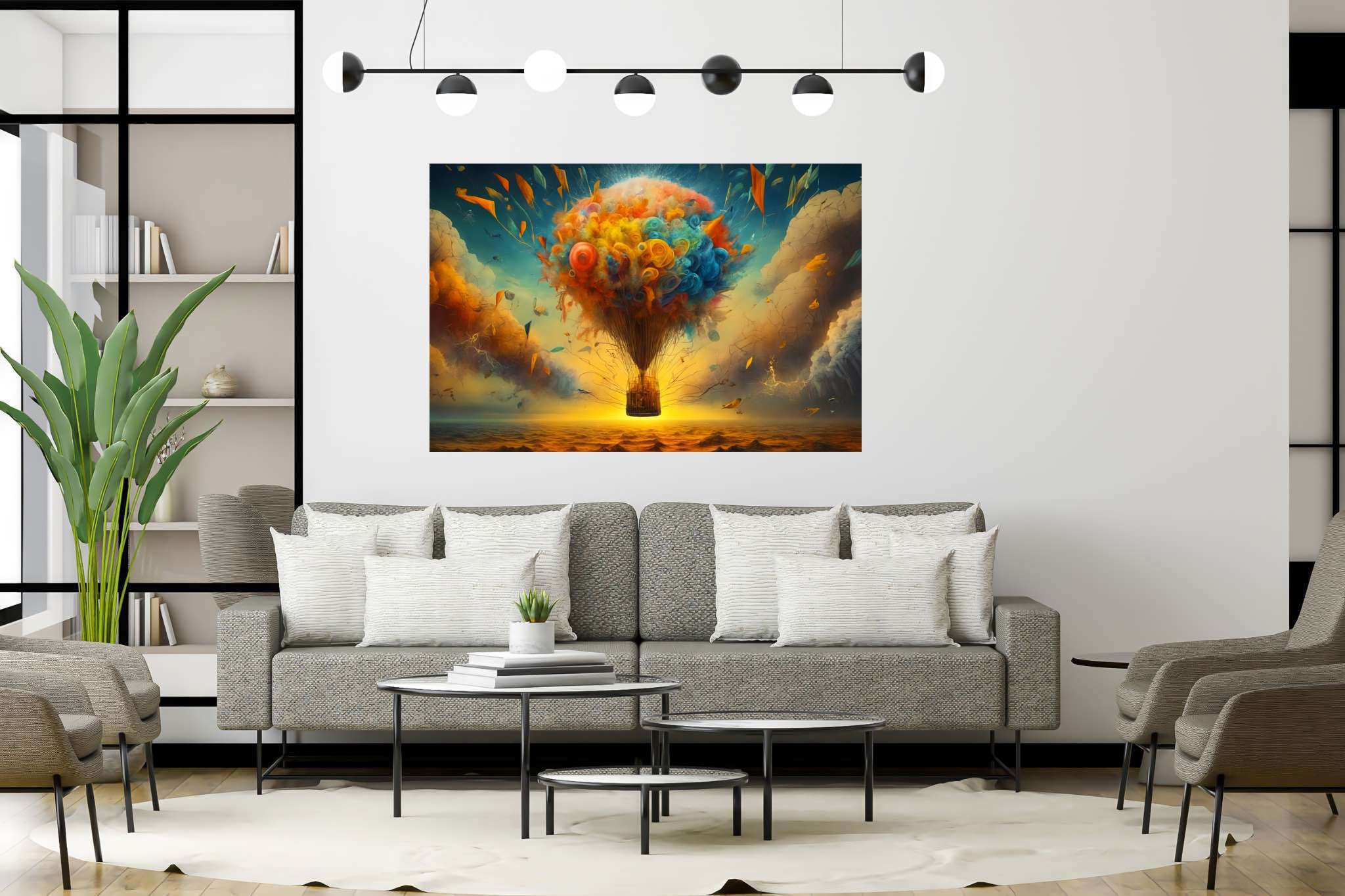 Balloon odyssey in cerulean dreams: Whimsy art with imaginative art, in a room with elegant layout, abstract paintings, and interior decorations. The art can be printed on poster, framed poster, canvas, metal, acrylic or wood, exclusively at WallArtZen. Find this exact print at https://wallartzen.com/waz324