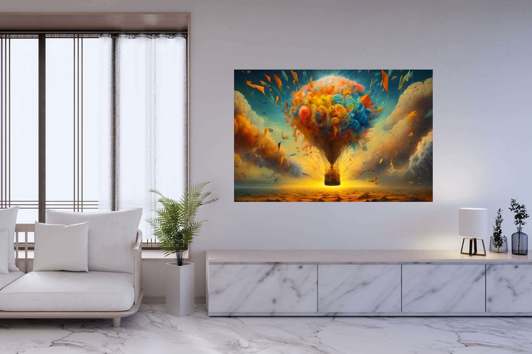 Balloon odyssey in cerulean dreams: Whimsy art with playful art, in a room with contemporary flair, framed art, and trendy home accents. The art can be printed on poster, framed poster, canvas, metal, acrylic or wood, exclusively at WallArtZen. Find this exact print at https://wallartzen.com/waz324