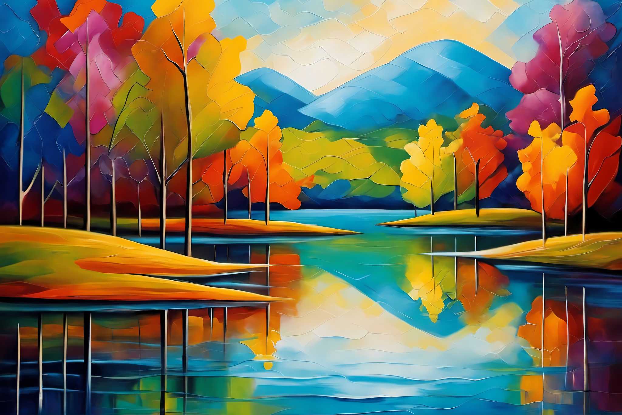 Murmurs of emerald tranquility: Landscape art with outdoor canvas, in a room with innovative layout, wall hangings, and decorative pieces. The art can be printed on poster, framed poster, canvas, metal, acrylic or wood, exclusively at WallArtZen. Find this exact print at https://wallartzen.com/waz326