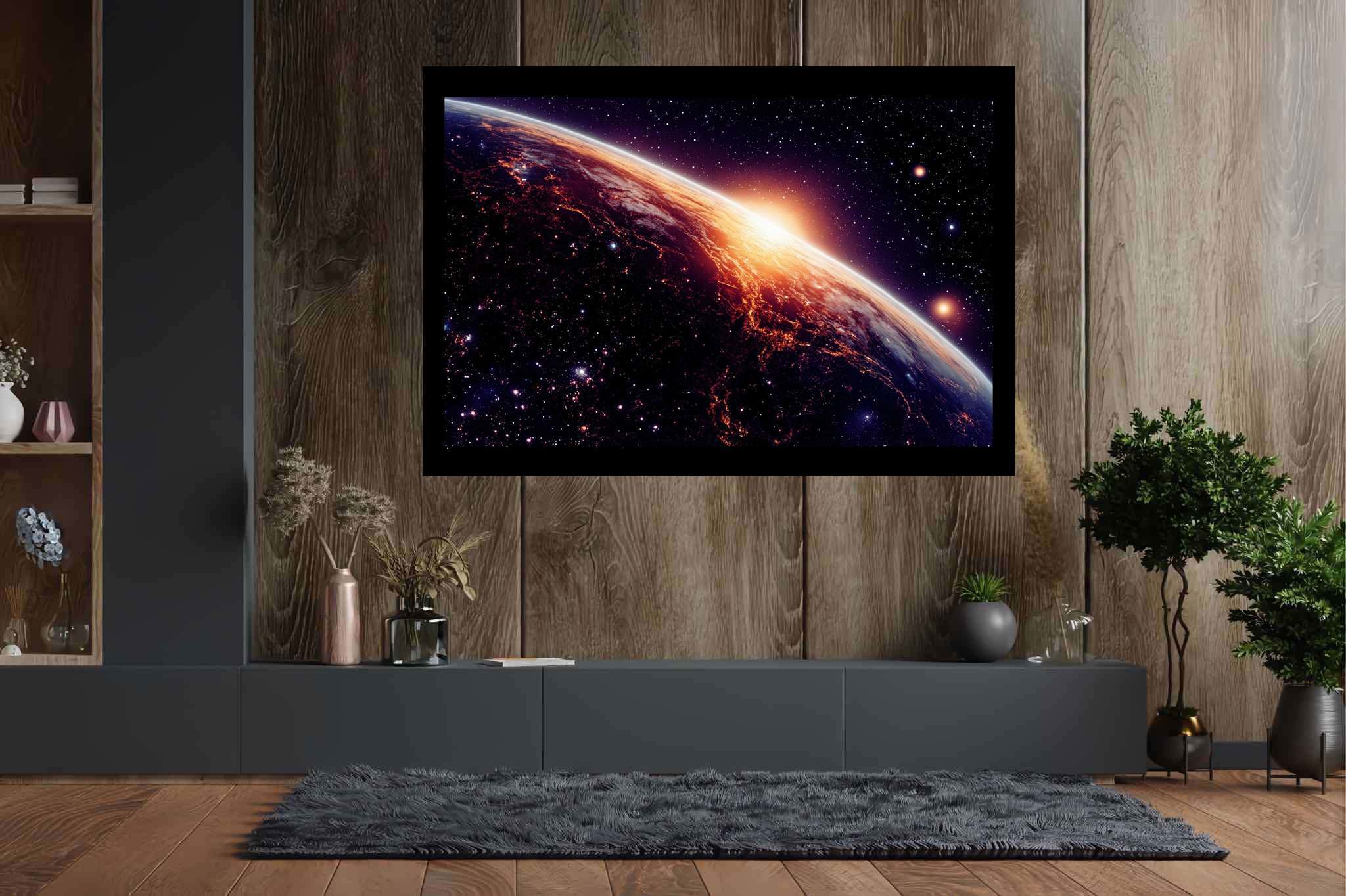 Aurora celestia: Celestial art with celestial art, in a room with artistic style, framed art, and designer furniture. The art can be printed on poster, framed poster, canvas, metal, acrylic or wood, exclusively at WallArtZen. Find this exact print at https://wallartzen.com/waz32
