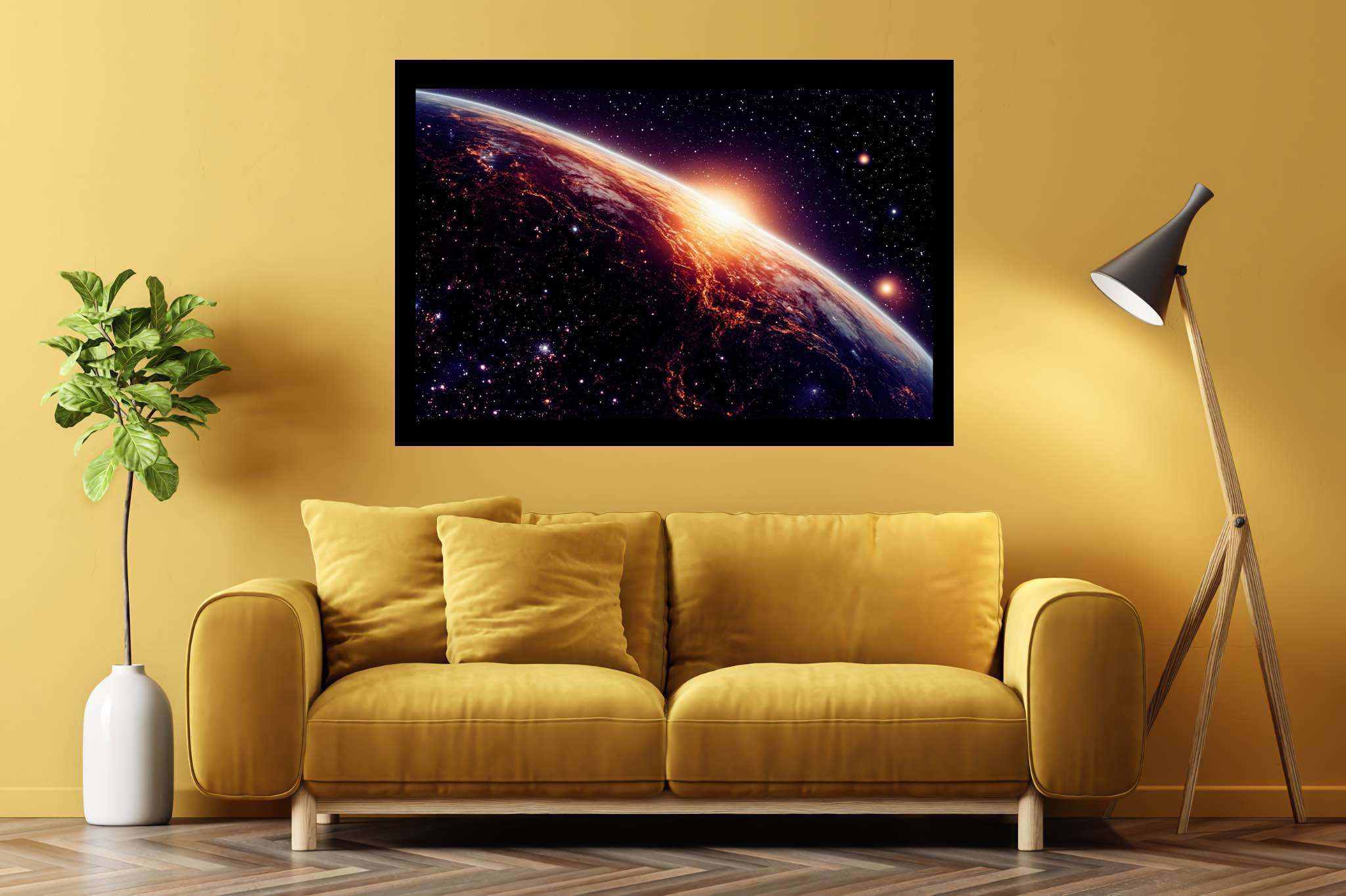 Aurora celestia: Celestial art with celestial landscapes, in a room with urban design, mural artworks, and luxe decor. The art can be printed on poster, framed poster, canvas, metal, acrylic or wood, exclusively at WallArtZen. Find this exact print at https://wallartzen.com/waz32