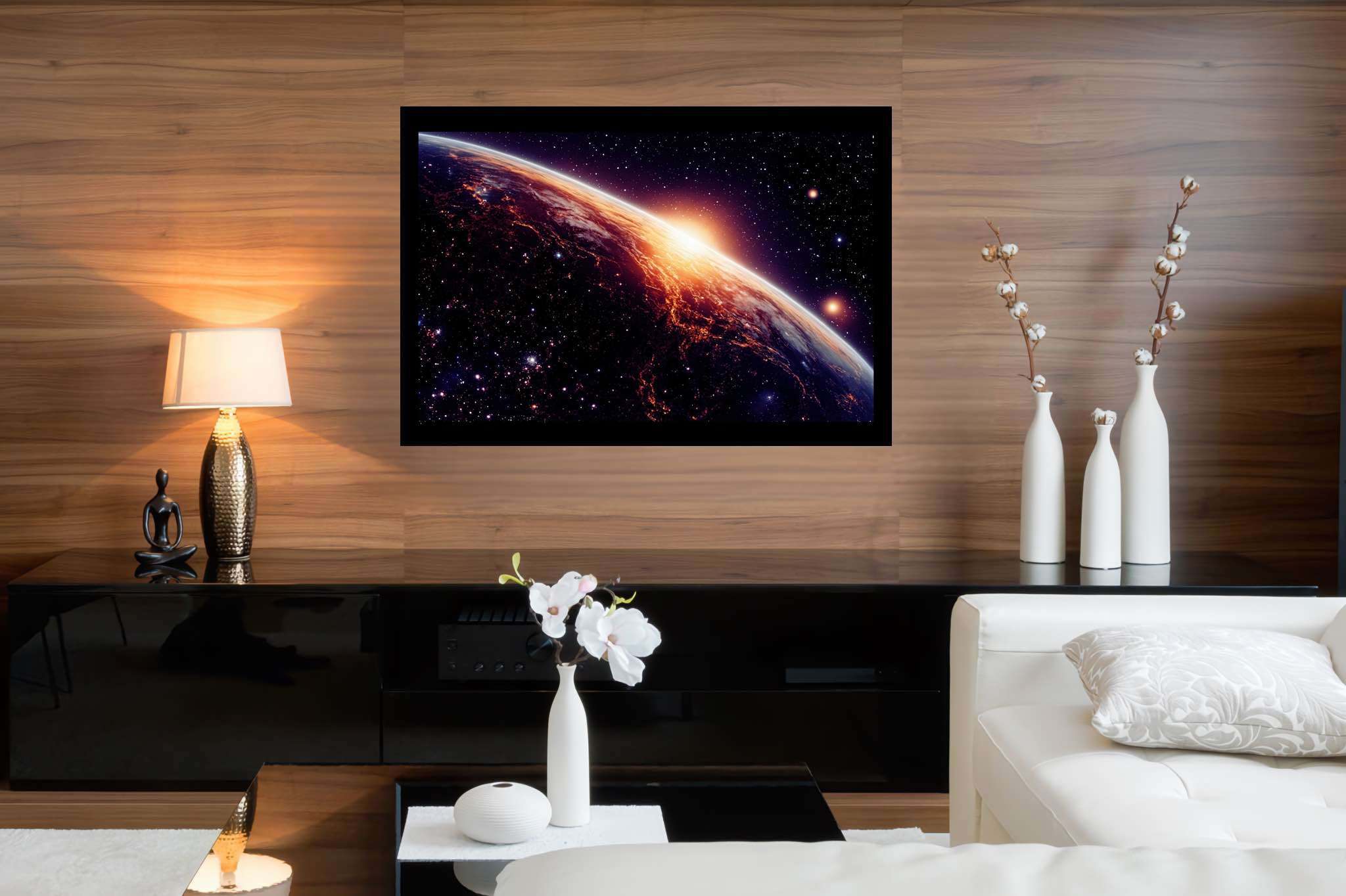 Aurora celestia: Celestial art with celestial themes, in a room with artistic style, framed art, and elegant home goods. The art can be printed on poster, framed poster, canvas, metal, acrylic or wood, exclusively at WallArtZen. Find this exact print at https://wallartzen.com/waz32