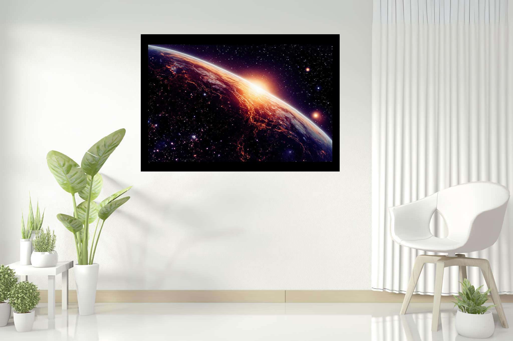Aurora celestia: Celestial art with celestial design, in a room with minimalist approach, canvas prints, and trendy home accents. The art can be printed on poster, framed poster, canvas, metal, acrylic or wood, exclusively at WallArtZen. Find this exact print at https://wallartzen.com/waz32