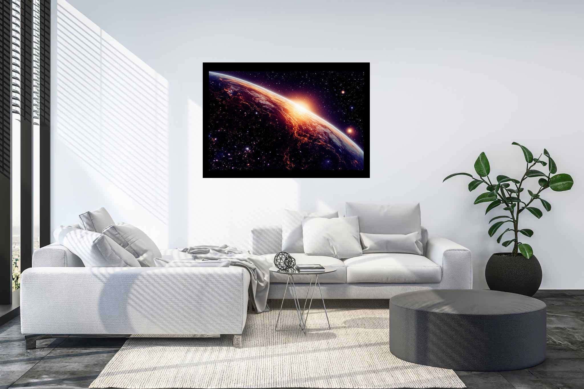Aurora celestia: Celestial art with cosmic art, in a room with artistic style, bespoke art designs, and home furnishings. The art can be printed on poster, framed poster, canvas, metal, acrylic or wood, exclusively at WallArtZen. Find this exact print at https://wallartzen.com/waz32