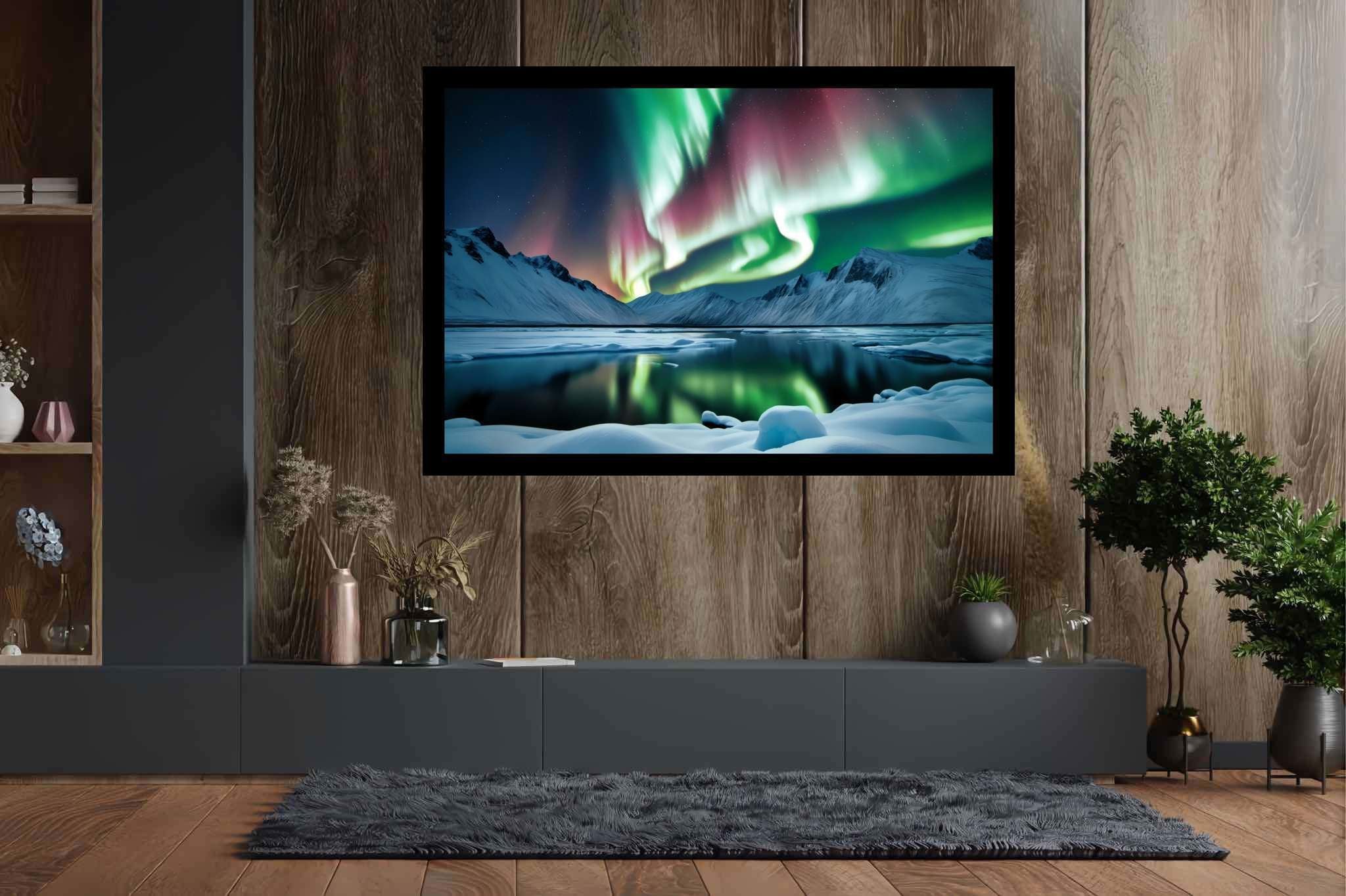 Aurora's enchanted mirror: Aurora art with dreamy landscapes, in a room with minimalist approach, framed art, and interior decorations. The art can be printed on poster, framed poster, canvas, metal, acrylic or wood, exclusively at WallArtZen. Find this exact print at https://wallartzen.com/waz33