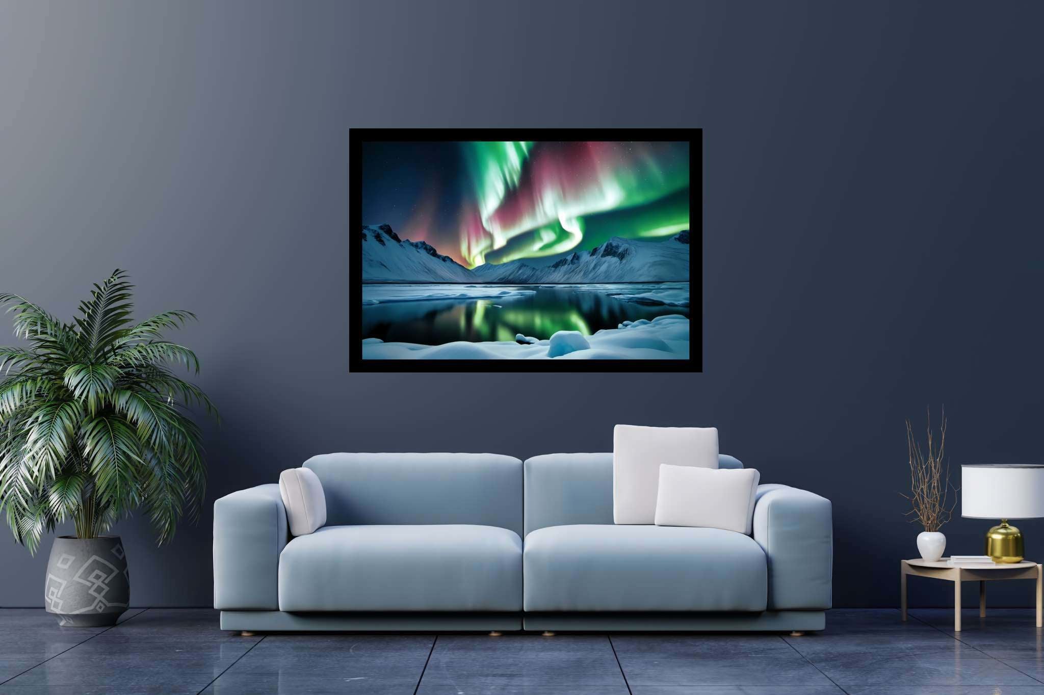 Aurora's enchanted mirror: Aurora art with enchanting visions, in a room with artistic style, fine art prints, and interior decorations. The art can be printed on poster, framed poster, canvas, metal, acrylic or wood, exclusively at WallArtZen. Find this exact print at https://wallartzen.com/waz33