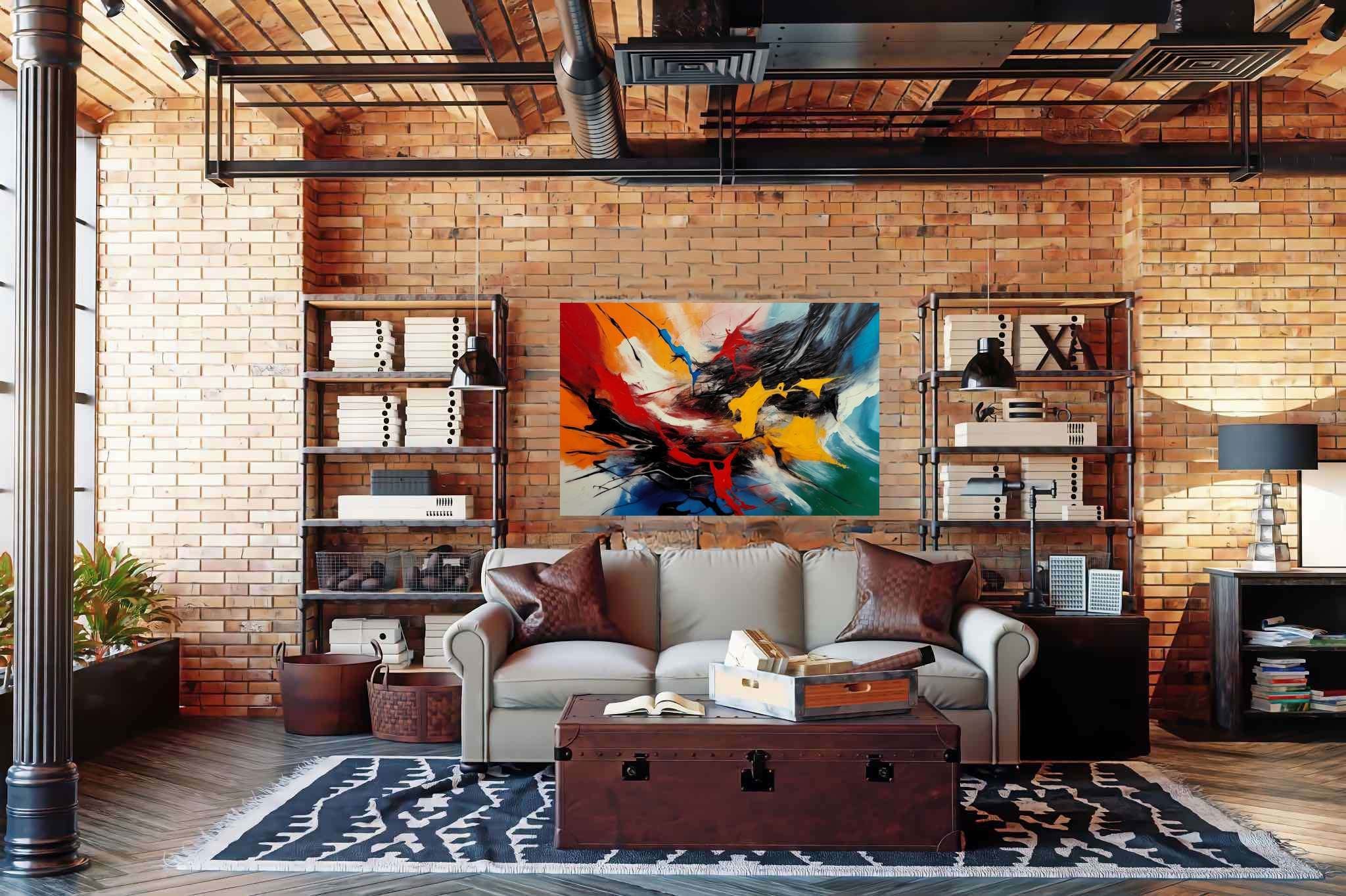 Chromatic symphony: Vibrant art with vivid, in a room with artistic style, framed art, and elegant home goods. The art can be printed on poster, framed poster, canvas, metal, acrylic or wood, exclusively at WallArtZen. Find this exact print at https://wallartzen.com/waz34