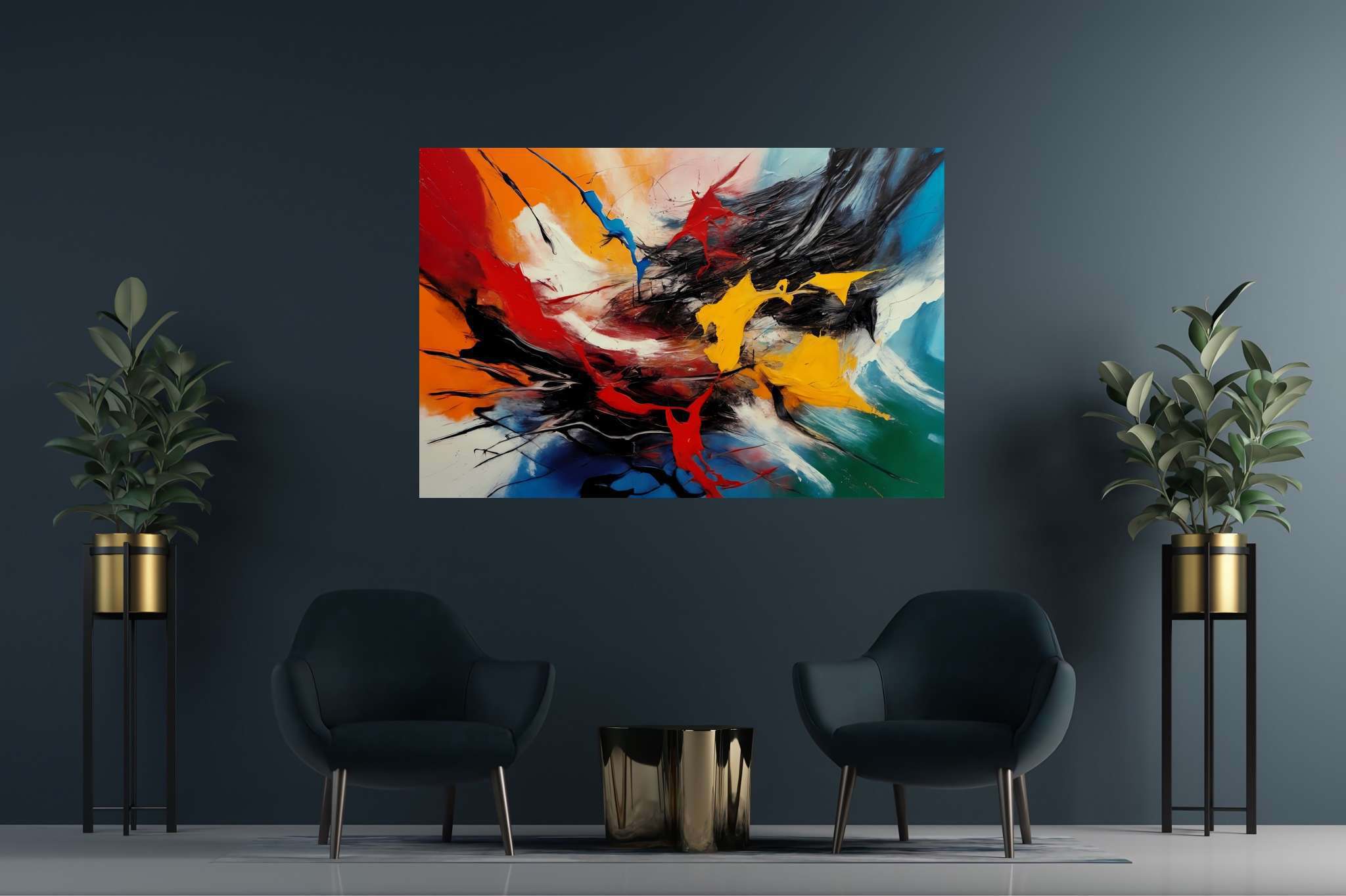 Chromatic symphony: Vibrant art with lively, in a room with artistic style, photographic wall art, and decorative pieces. The art can be printed on poster, framed poster, canvas, metal, acrylic or wood, exclusively at WallArtZen. Find this exact print at https://wallartzen.com/waz34