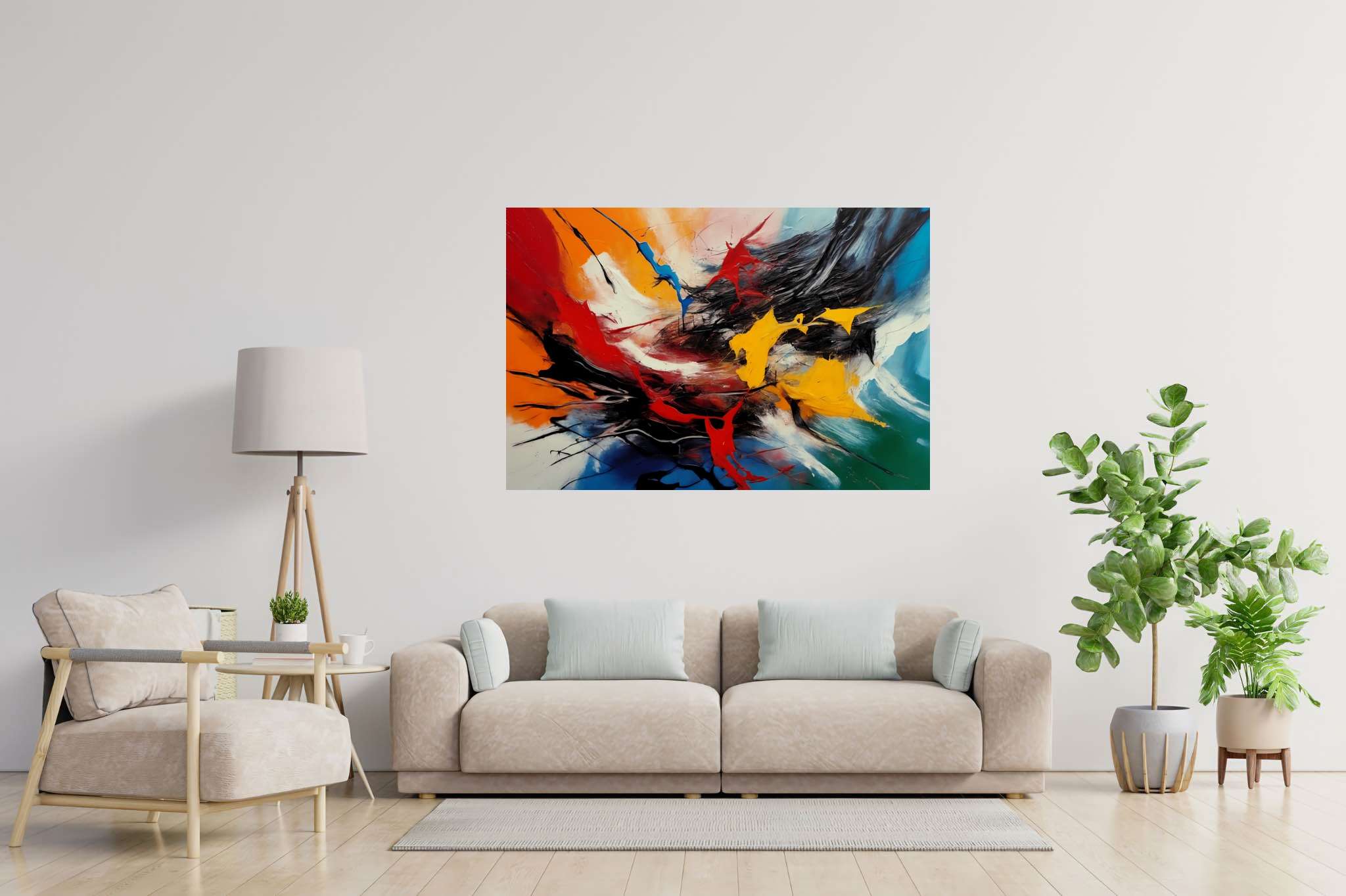 Chromatic symphony: Vibrant art with vivid, in a room with innovative layout, photographic wall art, and trendy home accents. The art can be printed on poster, framed poster, canvas, metal, acrylic or wood, exclusively at WallArtZen. Find this exact print at https://wallartzen.com/waz34