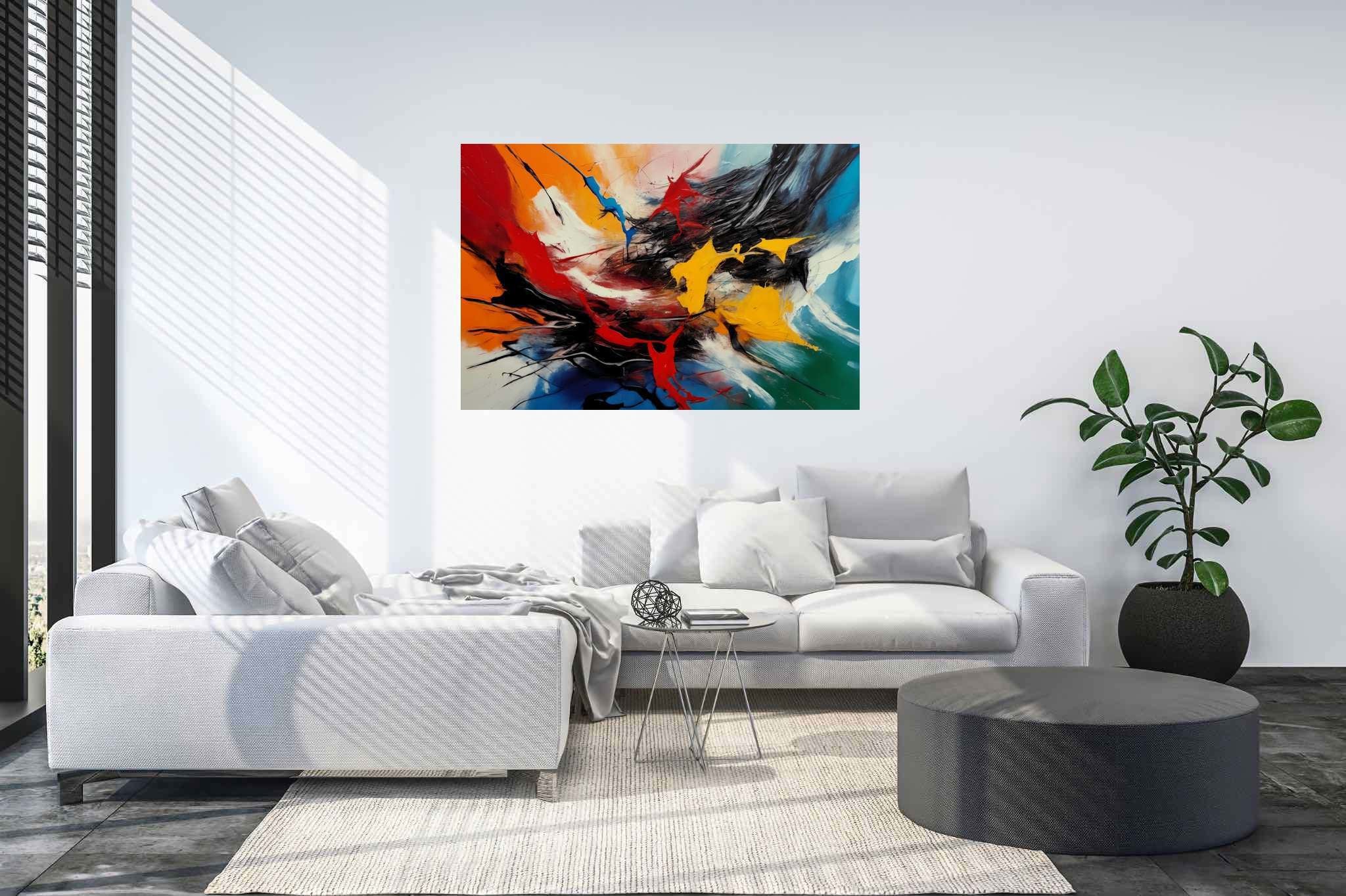 Chromatic symphony: Vibrant art with vibrant artistry, in a room with innovative layout, digital art pieces, and trendy home accents. The art can be printed on poster, framed poster, canvas, metal, acrylic or wood, exclusively at WallArtZen. Find this exact print at https://wallartzen.com/waz34