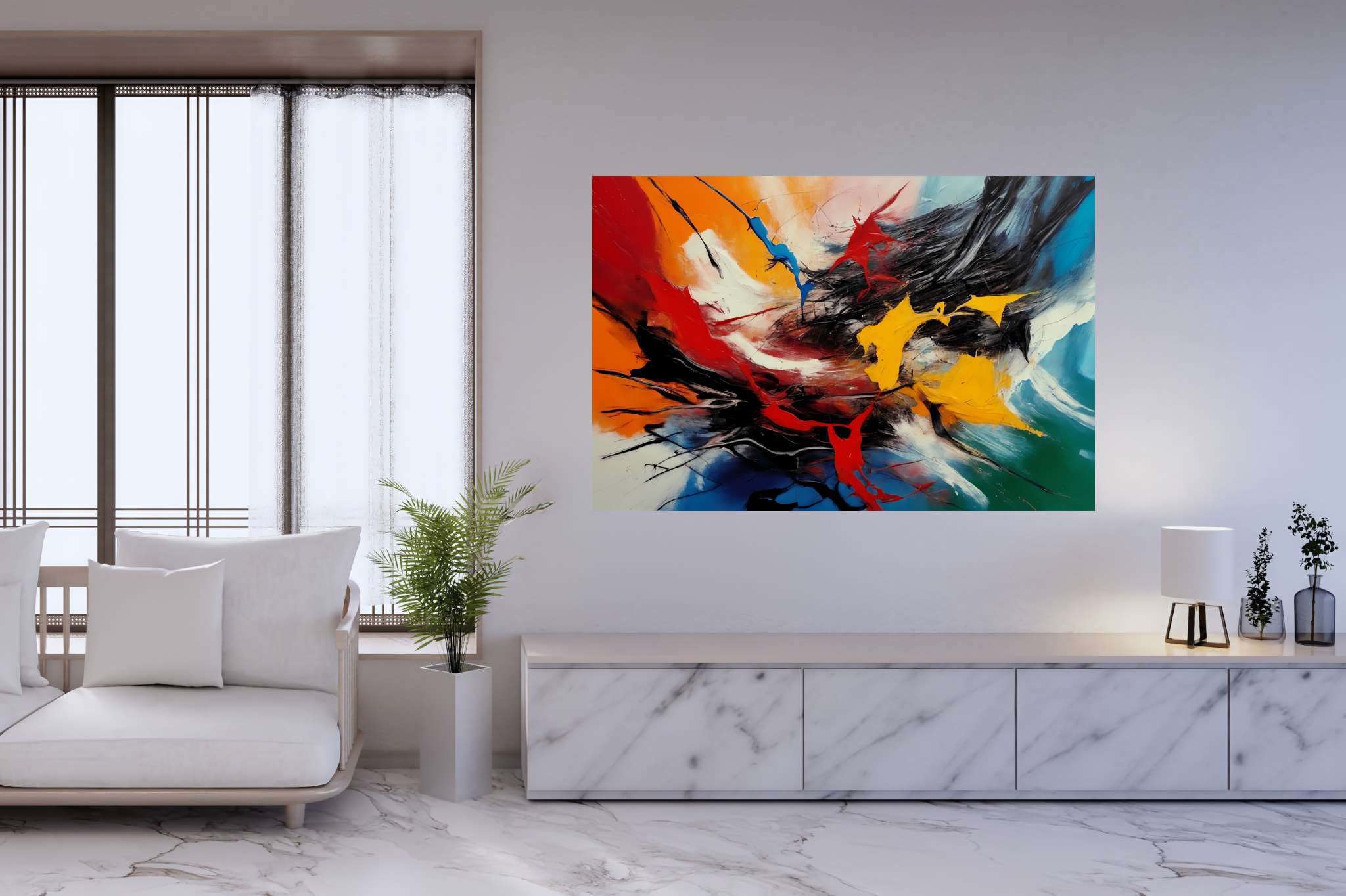 Chromatic symphony: Vibrant art with colorful, in a room with modern style, gallery-quality artwork, and trendy home accents. The art can be printed on poster, framed poster, canvas, metal, acrylic or wood, exclusively at WallArtZen. Find this exact print at https://wallartzen.com/waz34