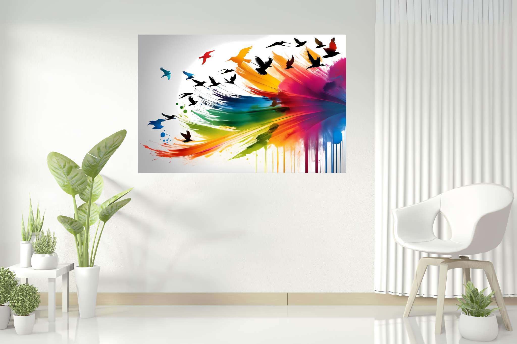 Skies of untamed hues: Birds art with avian artwork, in a room with urban design, canvas prints, and home styling items. The art can be printed on poster, framed poster, canvas, metal, acrylic or wood, exclusively at WallArtZen. Find this exact print at https://wallartzen.com/waz35