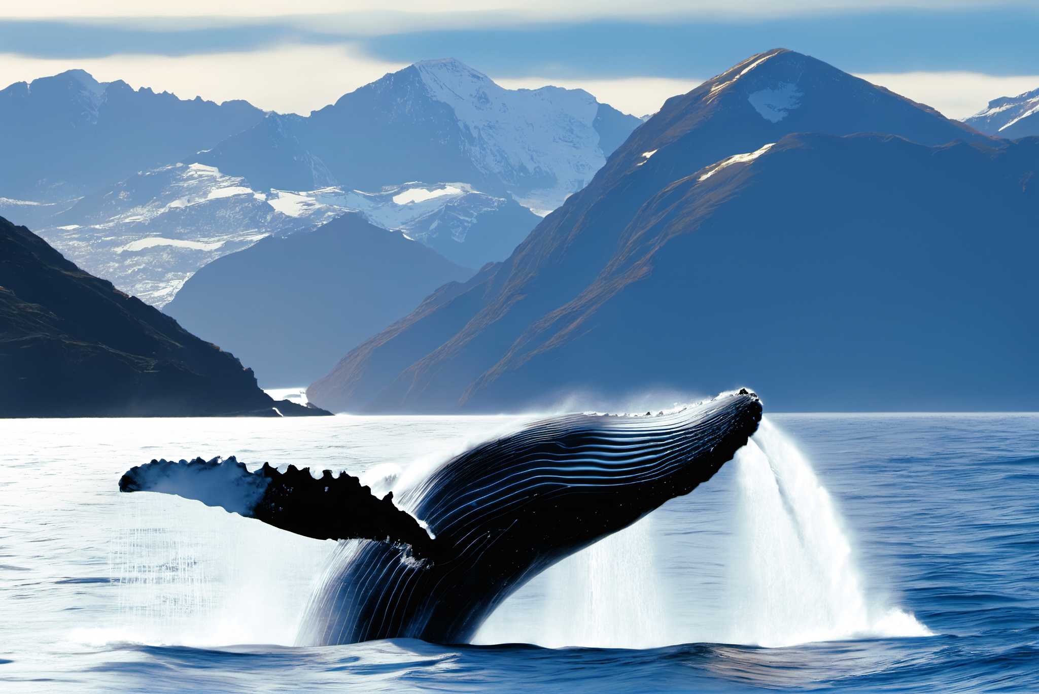 Azure ballet of the depths: Majestic whale art with artistic celebration of whales, in a room with modern style, framed art, and elegant home goods. The art can be printed on poster, framed poster, canvas, metal, acrylic or wood, exclusively at WallArtZen. Find this exact print at https://wallartzen.com/waz36