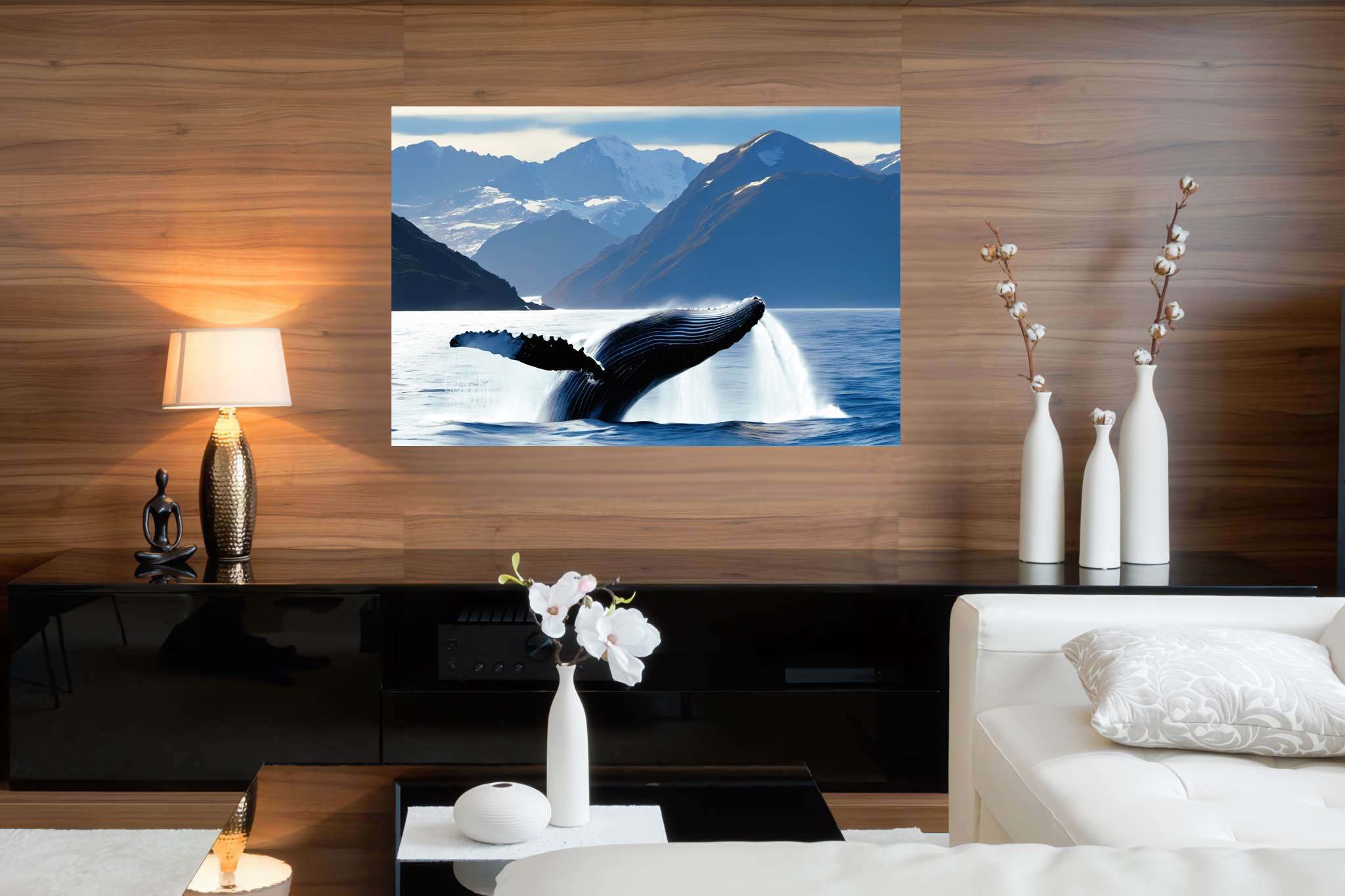 Azure ballet of the depths: Majestic whale art with dynamic whale art, in a room with minimalist approach, wall art, and stylish accessories. The art can be printed on poster, framed poster, canvas, metal, acrylic or wood, exclusively at WallArtZen. Find this exact print at https://wallartzen.com/waz36