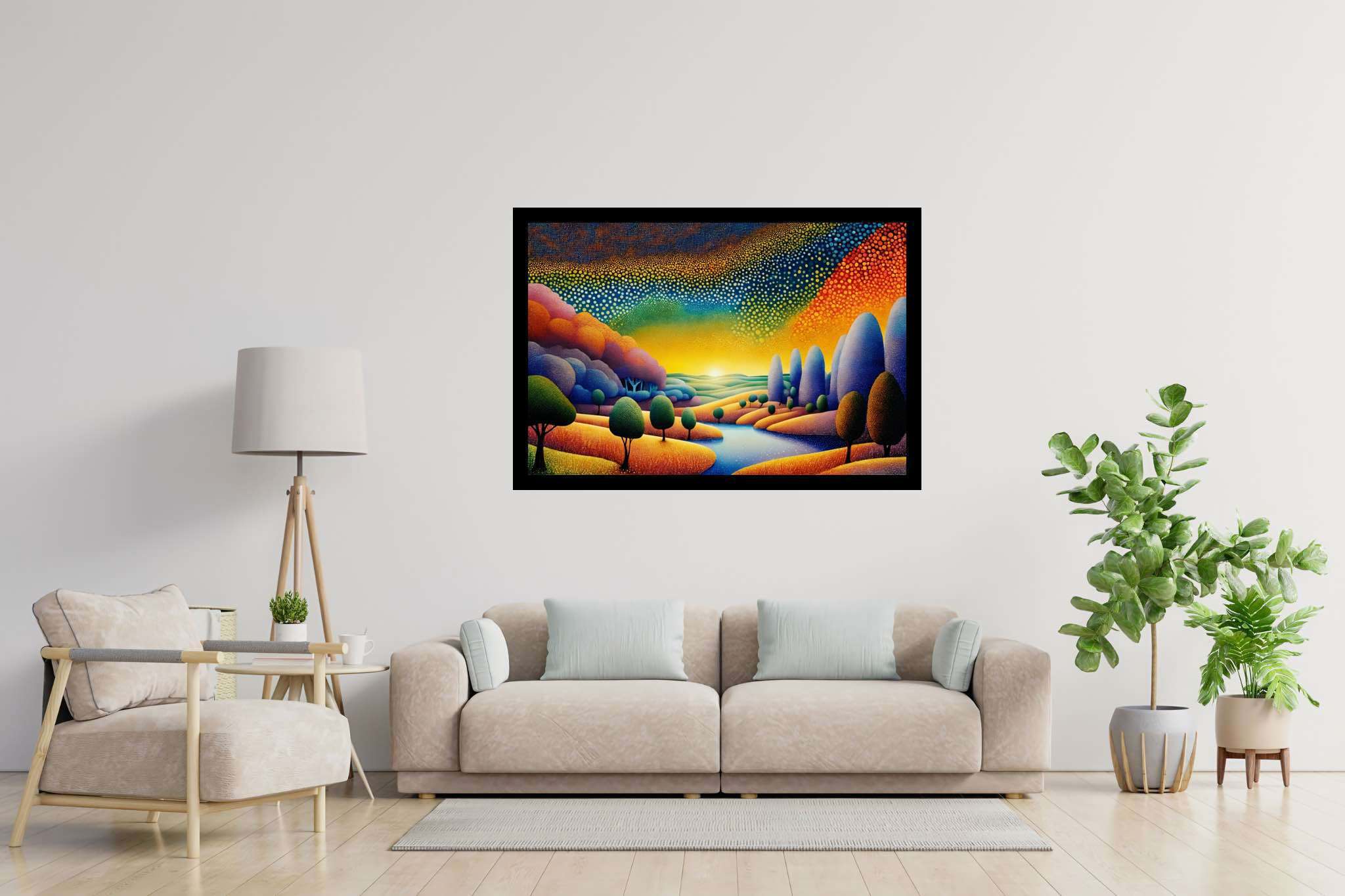 Golden hour repose: Serene landscape art with serene landscape canvas, in a room with contemporary flair, canvas prints, and designer furniture. The art can be printed on poster, framed poster, canvas, metal, acrylic or wood, exclusively at WallArtZen. Find this exact print at https://wallartzen.com/waz37