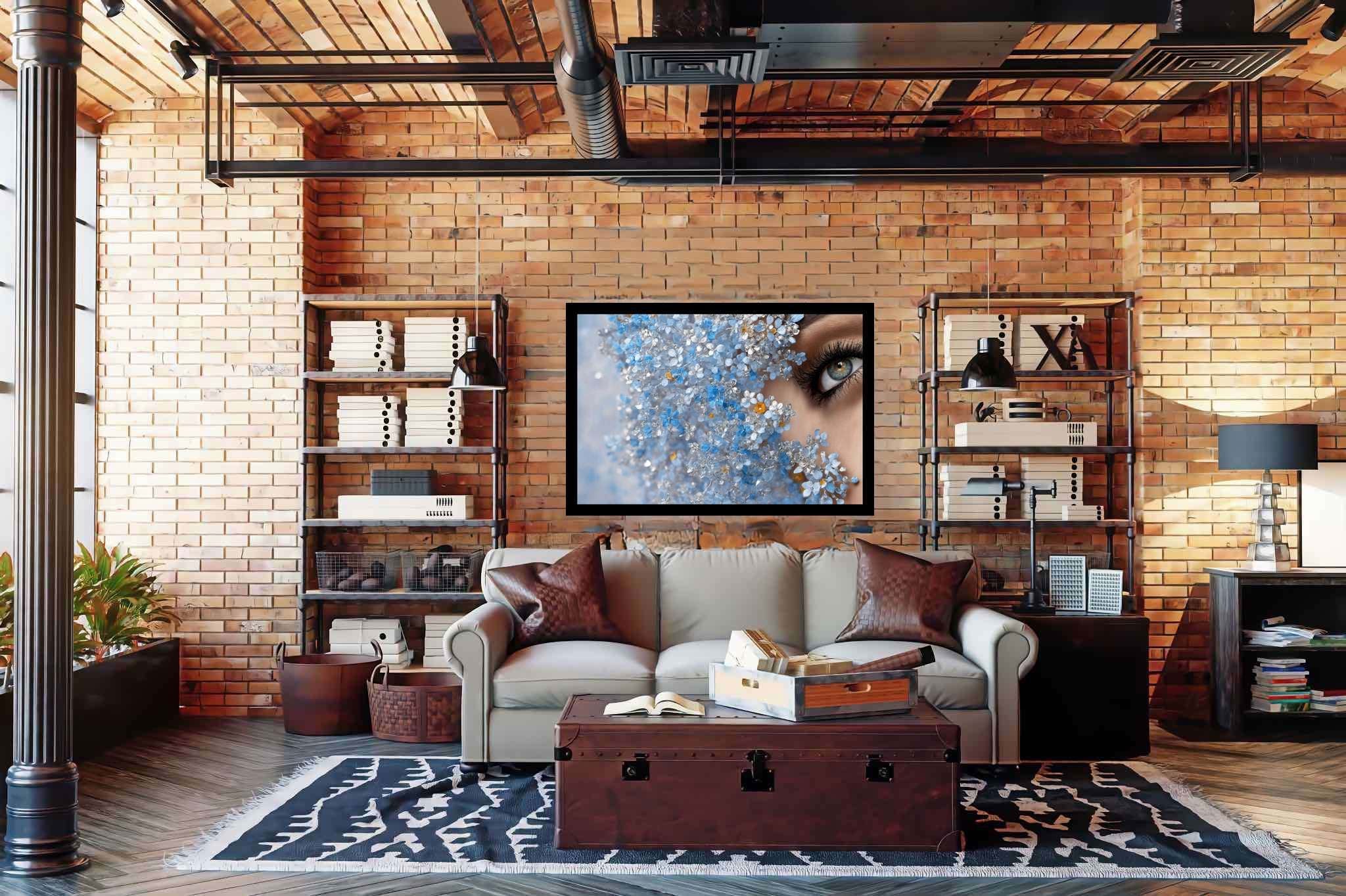 Eyes amidst azure reverie: Crystal flower art with crystal flower arrangements, in a room with minimalist approach, canvas prints, and home styling items. The art can be printed on poster, framed poster, canvas, metal, acrylic or wood, exclusively at WallArtZen. Find this exact print at https://wallartzen.com/waz3