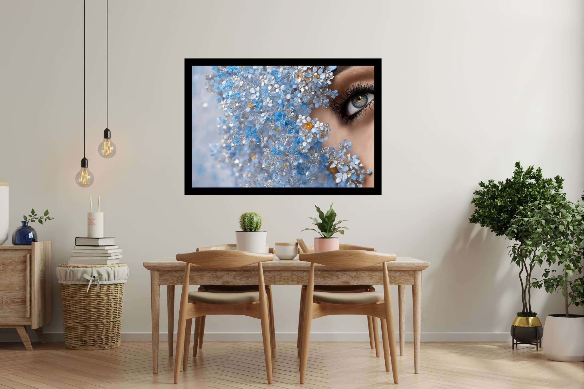 Eyes amidst azure reverie: Crystal flower art with crystal artwork, in a room with elegant layout, abstract paintings, and artisan decor. The art can be printed on poster, framed poster, canvas, metal, acrylic or wood, exclusively at WallArtZen. Find this exact print at https://wallartzen.com/waz3