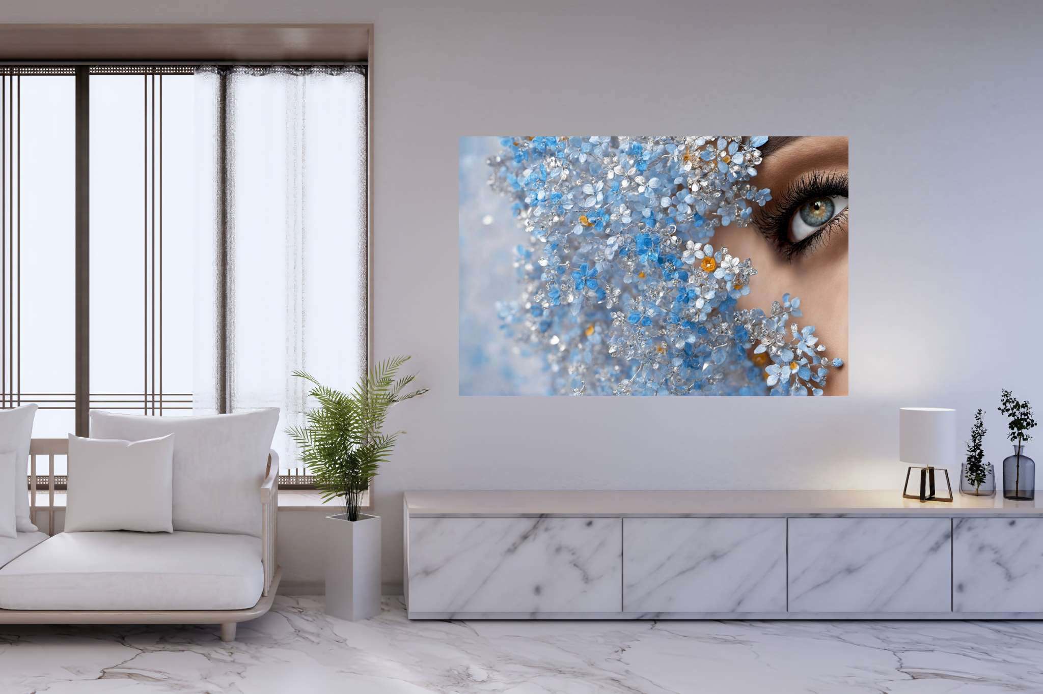 Eyes amidst azure reverie: Crystal flower art with crystal artwork, in a room with artistic style, fine art prints, and luxe decor. The art can be printed on poster, framed poster, canvas, metal, acrylic or wood, exclusively at WallArtZen. Find this exact print at https://wallartzen.com/waz3