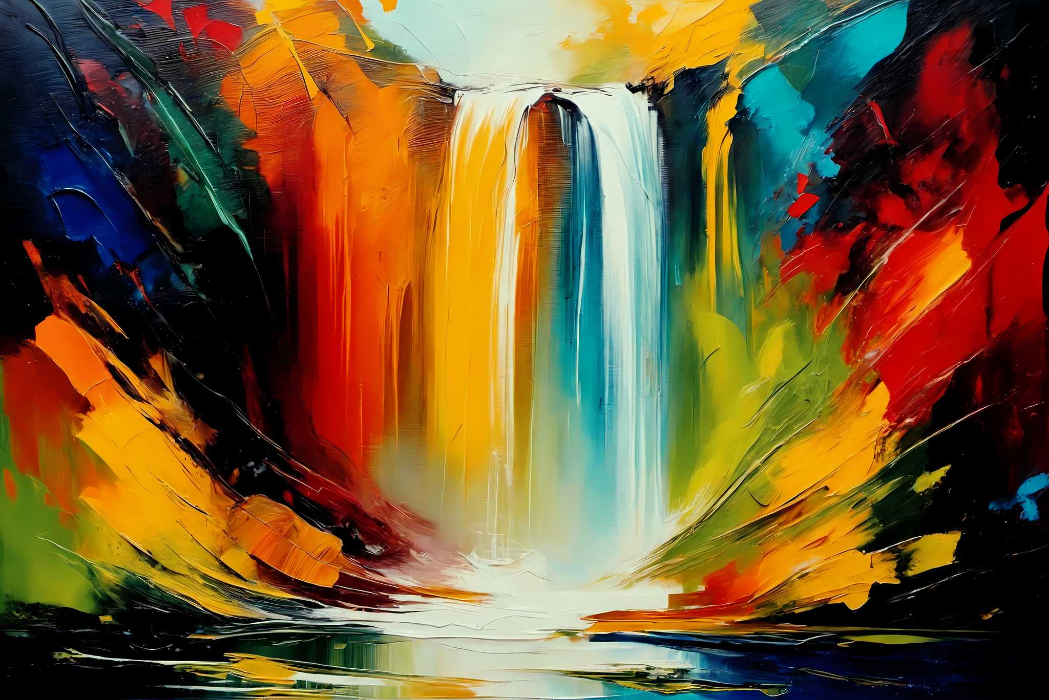 Cascade's embrace: Waterfall art with watercolor paintings, in a room with great design, wall hangings, and home styling items. The art can be printed on poster, framed poster, canvas, metal, acrylic or wood, exclusively at WallArtZen. Find this exact print at https://wallartzen.com/waz40