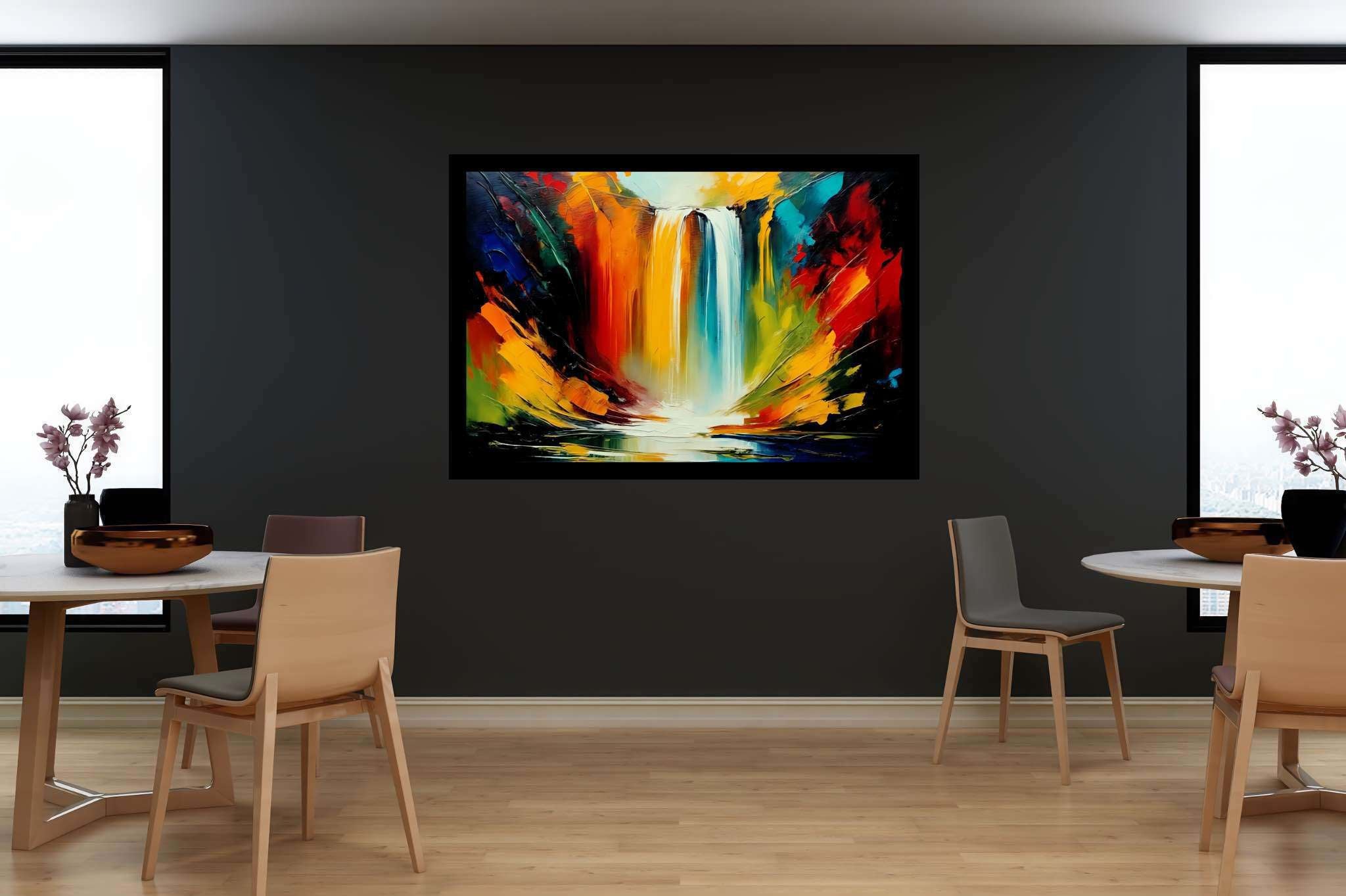 Cascade's embrace: Waterfall art with contemporary art, in a room with elegant layout, wall art, and home furnishings. The art can be printed on poster, framed poster, canvas, metal, acrylic or wood, exclusively at WallArtZen. Find this exact print at https://wallartzen.com/waz40
