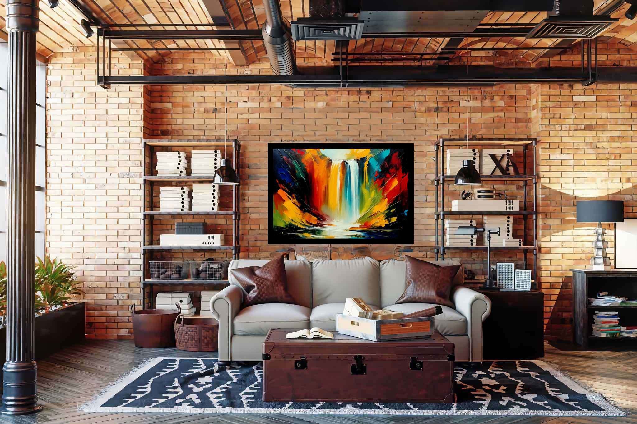 Cascade's embrace: Waterfall art with serene beauty, in a room with elegant layout, photographic wall art, and luxe decor. The art can be printed on poster, framed poster, canvas, metal, acrylic or wood, exclusively at WallArtZen. Find this exact print at https://wallartzen.com/waz40