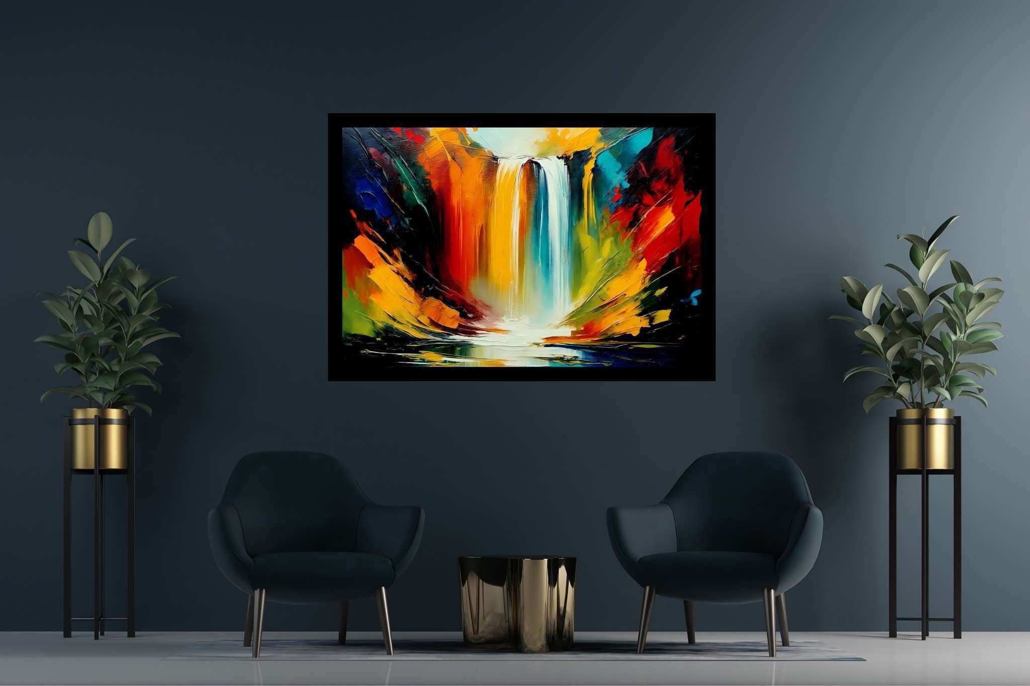 Cascade's embrace: Waterfall art with outdoor scenes, in a room with classic elegance, mural artworks, and trendy home accents. The art can be printed on poster, framed poster, canvas, metal, acrylic or wood, exclusively at WallArtZen. Find this exact print at https://wallartzen.com/waz40