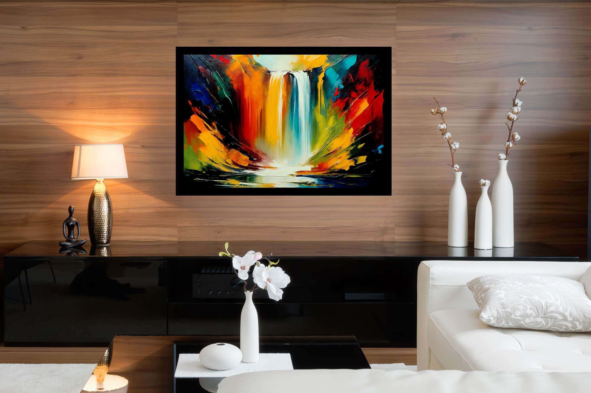 Cascade's embrace: Waterfall art with landscape artwork, in a room with urban design, fine art prints, and decorative pieces. The art can be printed on poster, framed poster, canvas, metal, acrylic or wood, exclusively at WallArtZen. Find this exact print at https://wallartzen.com/waz40