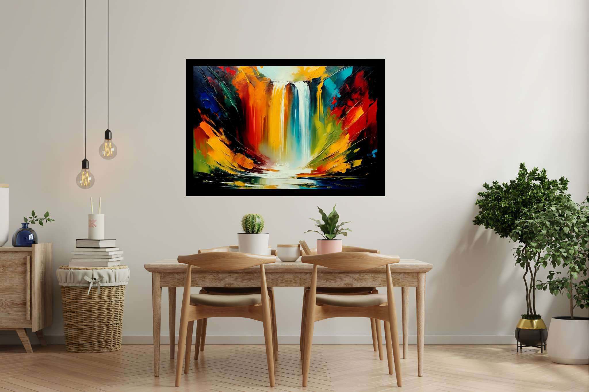 Cascade's embrace: Waterfall art with home decor, in a room with urban design, fine art prints, and home furnishings. The art can be printed on poster, framed poster, canvas, metal, acrylic or wood, exclusively at WallArtZen. Find this exact print at https://wallartzen.com/waz40