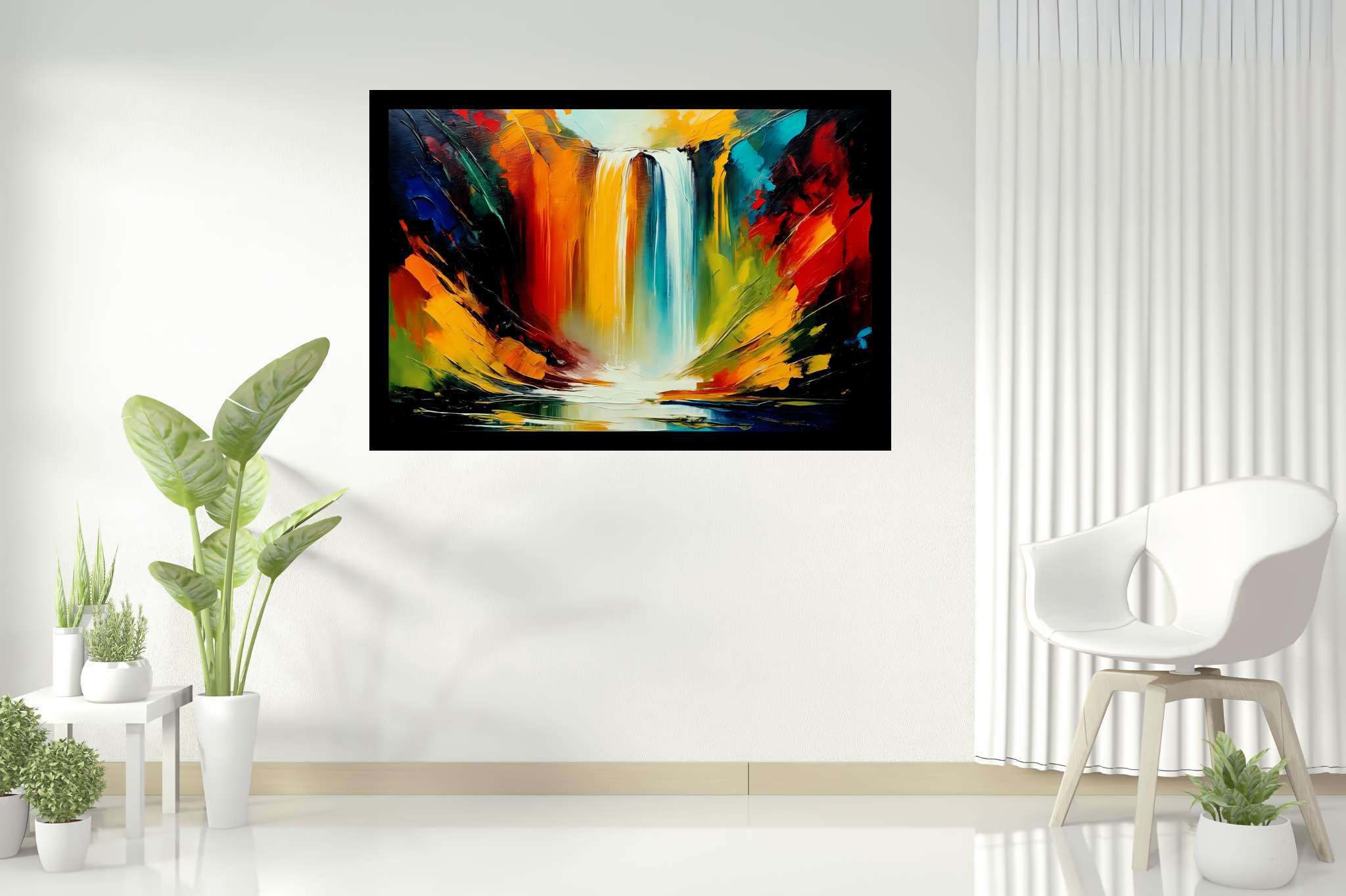 Cascade's embrace: Waterfall art with home decor, in a room with chic decor, gallery-quality artwork, and trendy home accents. The art can be printed on poster, framed poster, canvas, metal, acrylic or wood, exclusively at WallArtZen. Find this exact print at https://wallartzen.com/waz40