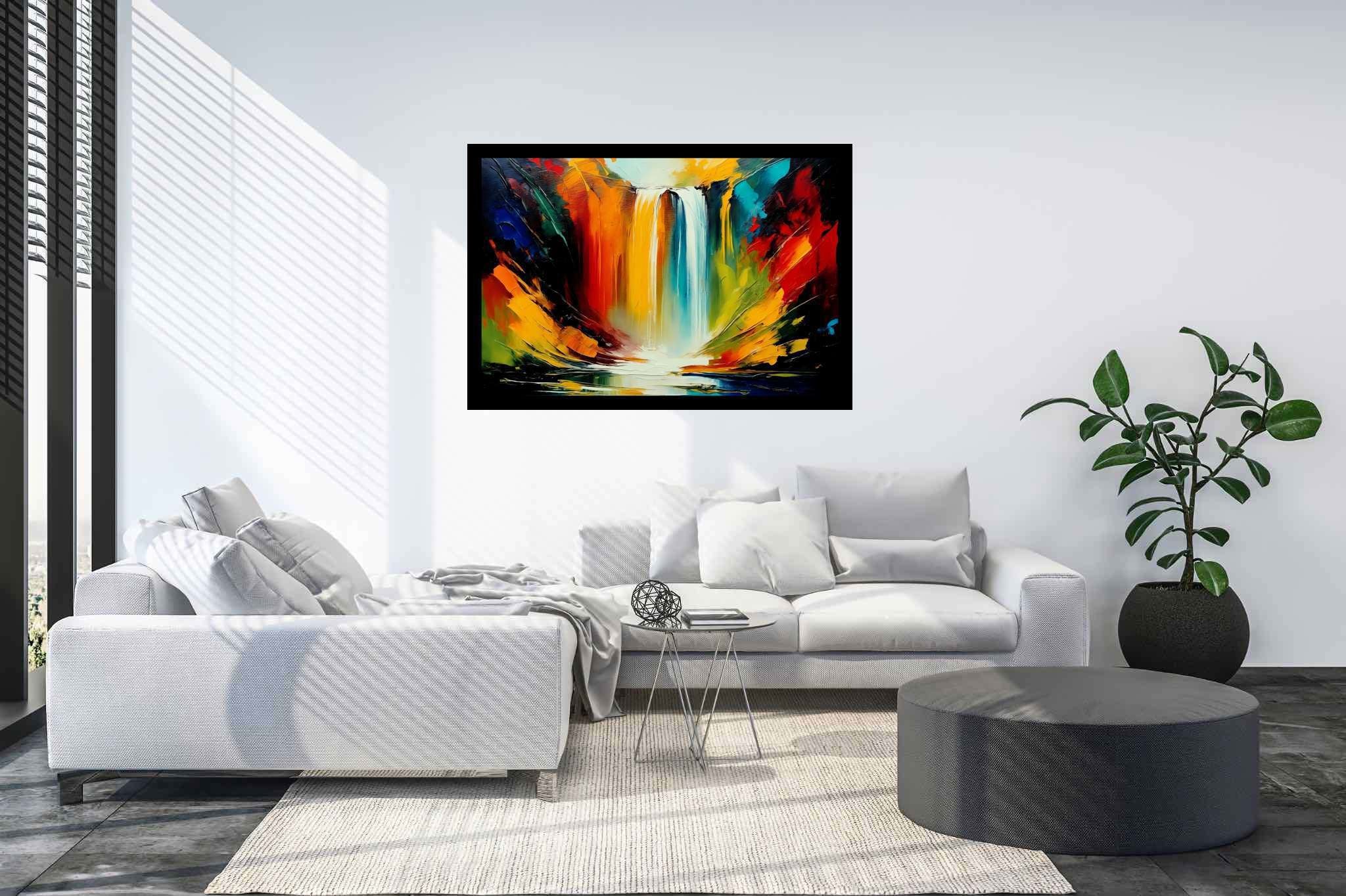 Cascade's embrace: Waterfall art with nature paintings, in a room with classic elegance, framed art, and decorative pieces. The art can be printed on poster, framed poster, canvas, metal, acrylic or wood, exclusively at WallArtZen. Find this exact print at https://wallartzen.com/waz40
