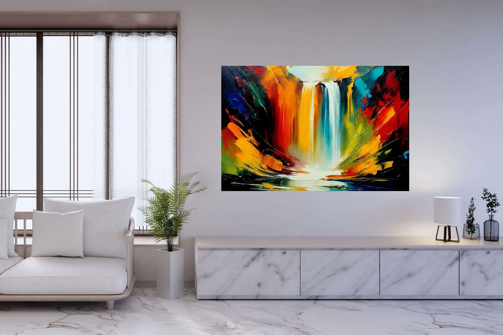 Cascade's embrace: Waterfall art with landscape artwork, in a room with minimalist approach, canvas prints, and luxe decor. The art can be printed on poster, framed poster, canvas, metal, acrylic or wood, exclusively at WallArtZen. Find this exact print at https://wallartzen.com/waz40
