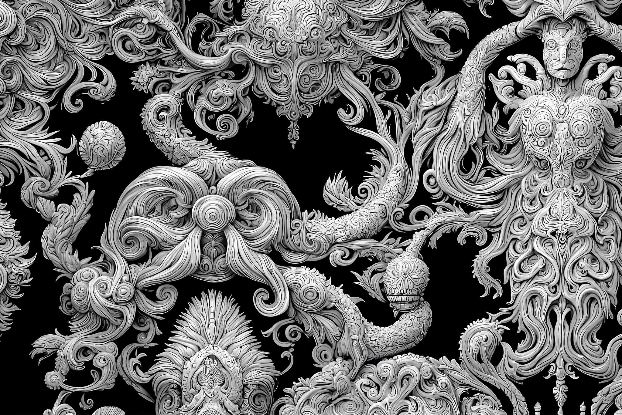 Silhouette sonata: Intricate wood-carved art with intricate wood-carved art, in a room with elegant layout, wall art, and stylish accessories. The art can be printed on poster, framed poster, canvas, metal, acrylic or wood, exclusively at WallArtZen. Find this exact print at https://wallartzen.com/waz41