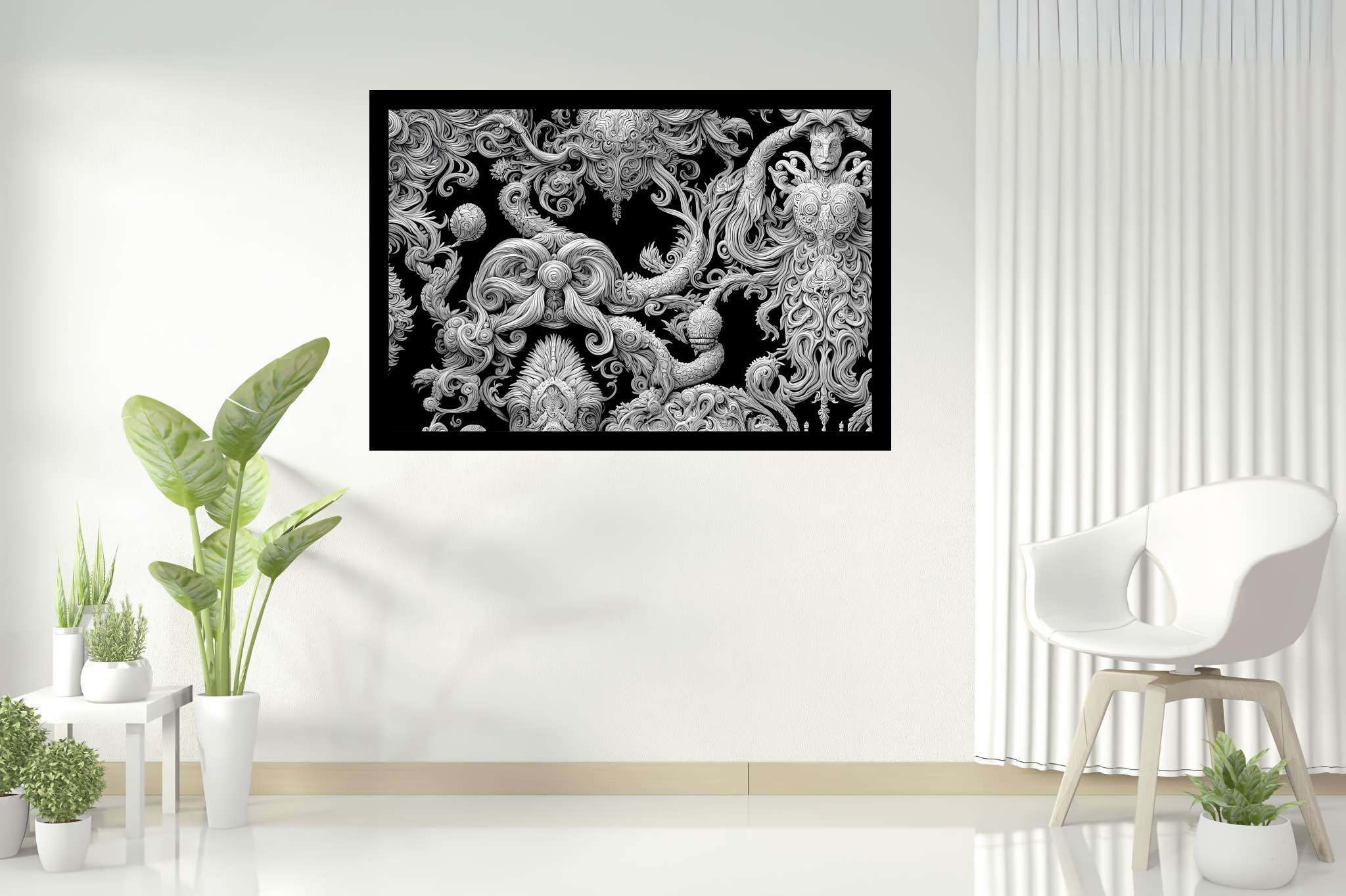 Silhouette sonata: Intricate wood-carved art with exquisite wood carvings, in a room with artistic style, bespoke art designs, and luxe decor. The art can be printed on poster, framed poster, canvas, metal, acrylic or wood, exclusively at WallArtZen. Find this exact print at https://wallartzen.com/waz41