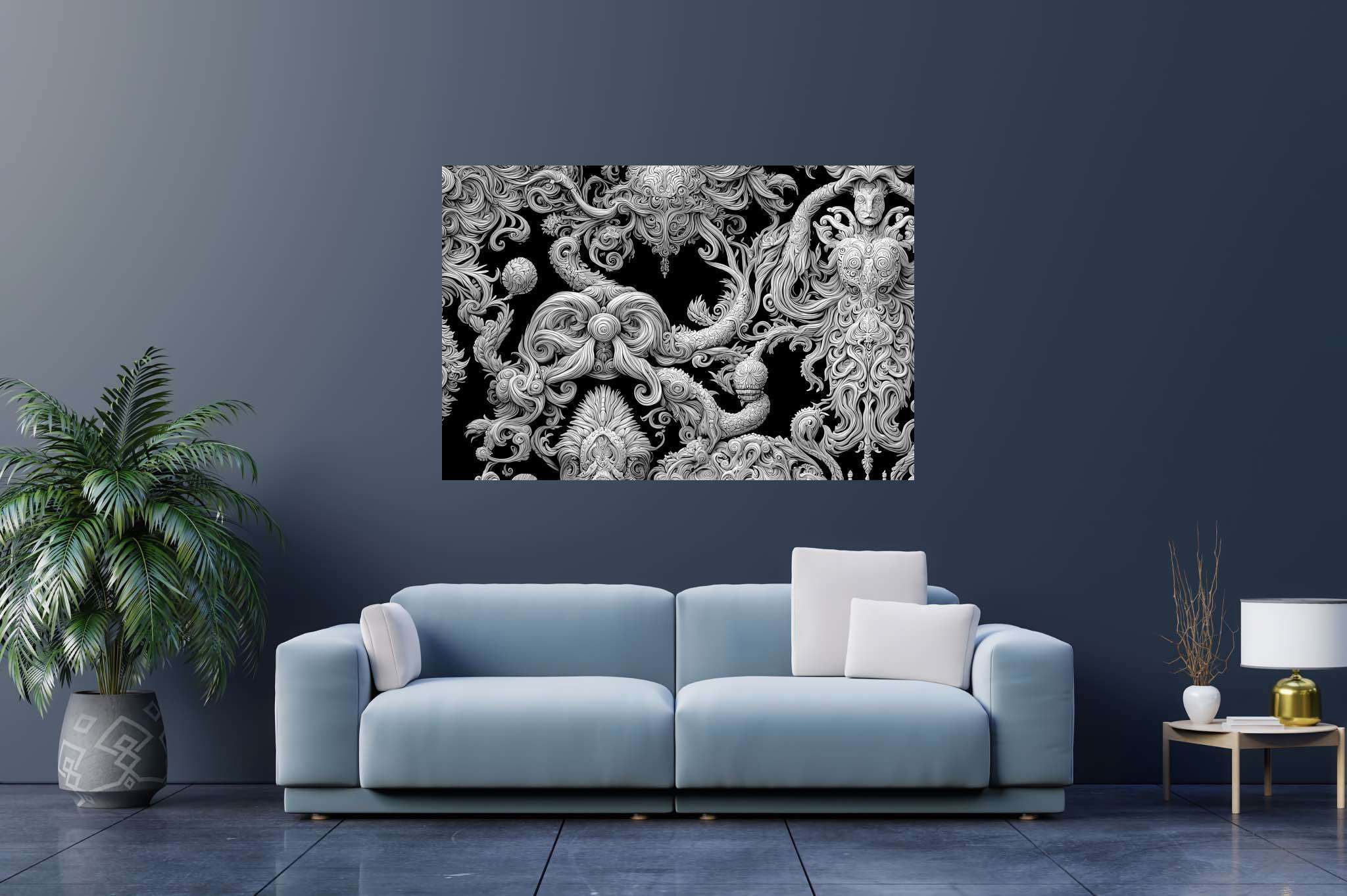 Silhouette sonata: Intricate wood-carved art with intricate woodworking art, in a room with urban design, framed art, and artisan decor. The art can be printed on poster, framed poster, canvas, metal, acrylic or wood, exclusively at WallArtZen. Find this exact print at https://wallartzen.com/waz41