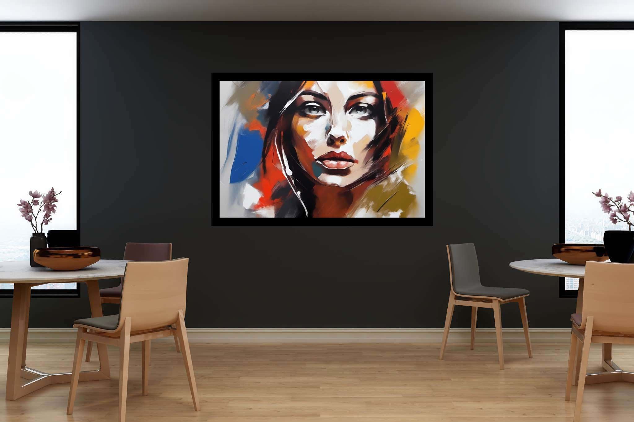 Ethereal gaze of the flame-haired muse: Surreal portrait art with abstract figurative art, in a room with innovative layout, canvas prints, and elegant home goods. The art can be printed on poster, framed poster, canvas, metal, acrylic or wood, exclusively at WallArtZen. Find this exact print at https://wallartzen.com/waz42