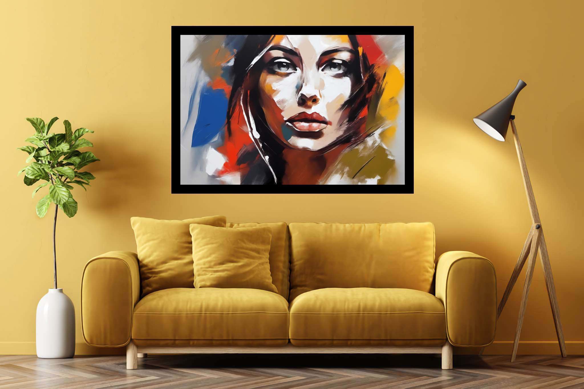 Ethereal gaze of the flame-haired muse: Surreal portrait art with uncanny image compositions, in a room with innovative layout, abstract paintings, and trendy home accents. The art can be printed on poster, framed poster, canvas, metal, acrylic or wood, exclusively at WallArtZen. Find this exact print at https://wallartzen.com/waz42