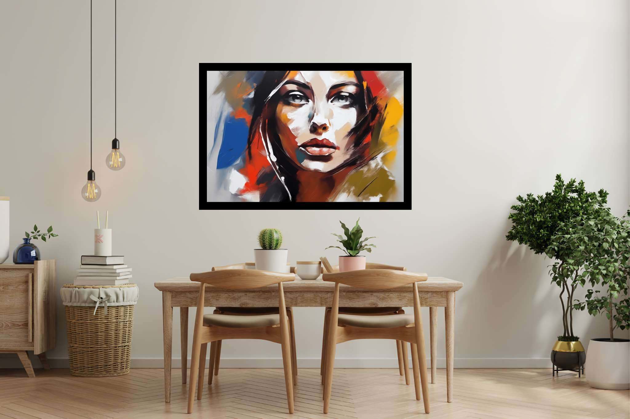 Ethereal gaze of the flame-haired muse: Surreal portrait art with unconventional portraiture, in a room with chic decor, bespoke art designs, and designer furniture. The art can be printed on poster, framed poster, canvas, metal, acrylic or wood, exclusively at WallArtZen. Find this exact print at https://wallartzen.com/waz42