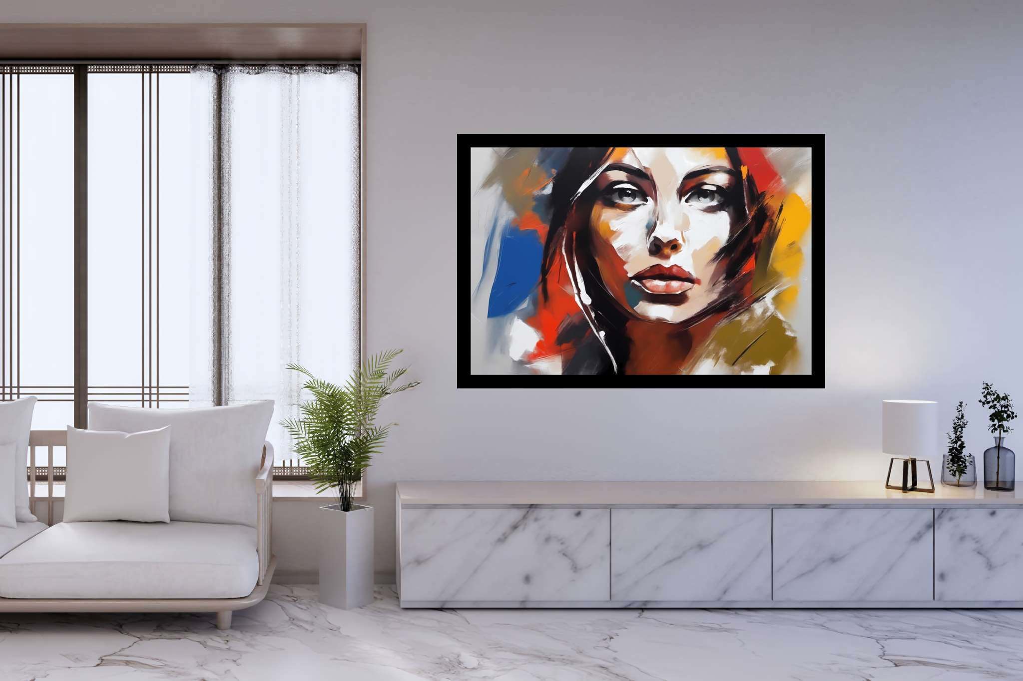 Ethereal gaze of the flame-haired muse: Surreal portrait art with surrealistic face art, in a room with modern style, wall hangings, and decorative pieces. The art can be printed on poster, framed poster, canvas, metal, acrylic or wood, exclusively at WallArtZen. Find this exact print at https://wallartzen.com/waz42