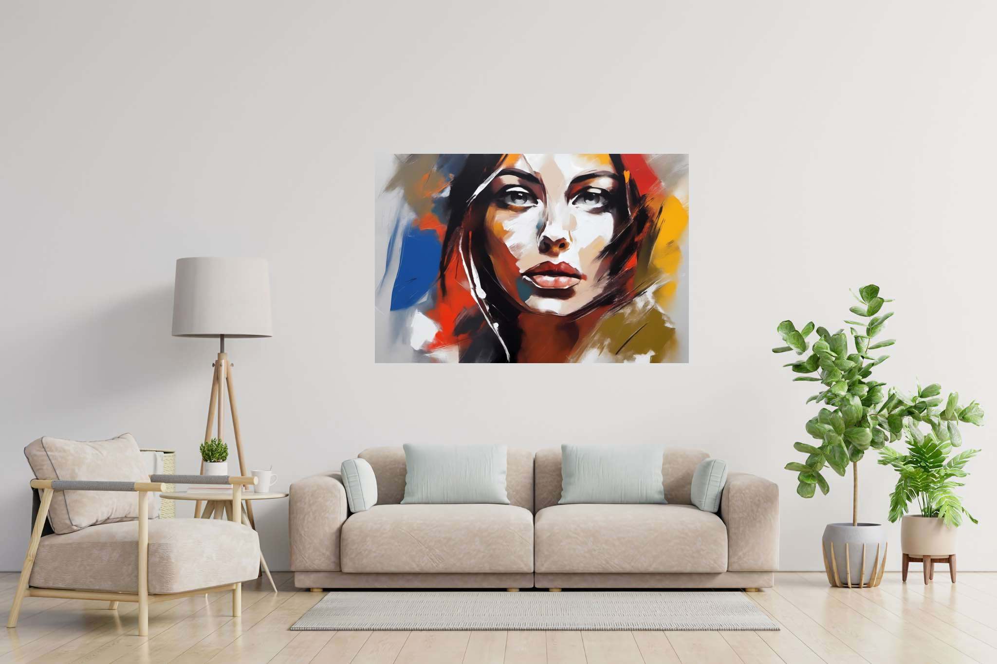 Ethereal gaze of the flame-haired muse: Surreal portrait art with bizarre portraits, in a room with urban design, fine art prints, and elegant home goods. The art can be printed on poster, framed poster, canvas, metal, acrylic or wood, exclusively at WallArtZen. Find this exact print at https://wallartzen.com/waz42