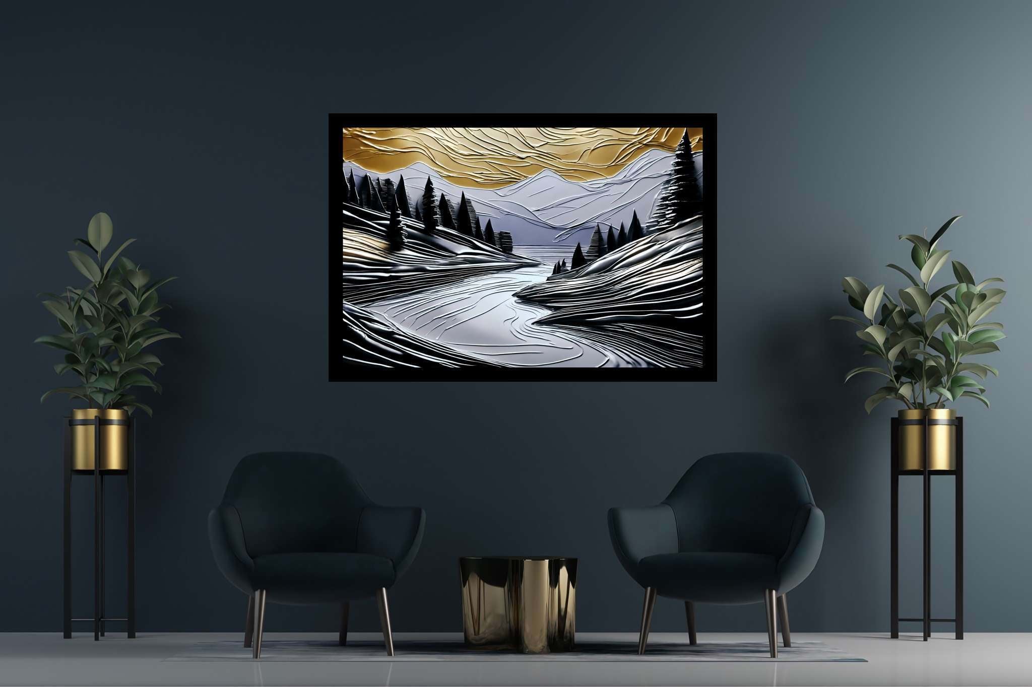Serenade of dusk and peaks: Nature landscape art with scenic artwork, in a room with urban design, wall art, and home furnishings. The art can be printed on poster, framed poster, canvas, metal, acrylic or wood, exclusively at WallArtZen. Find this exact print at https://wallartzen.com/waz44